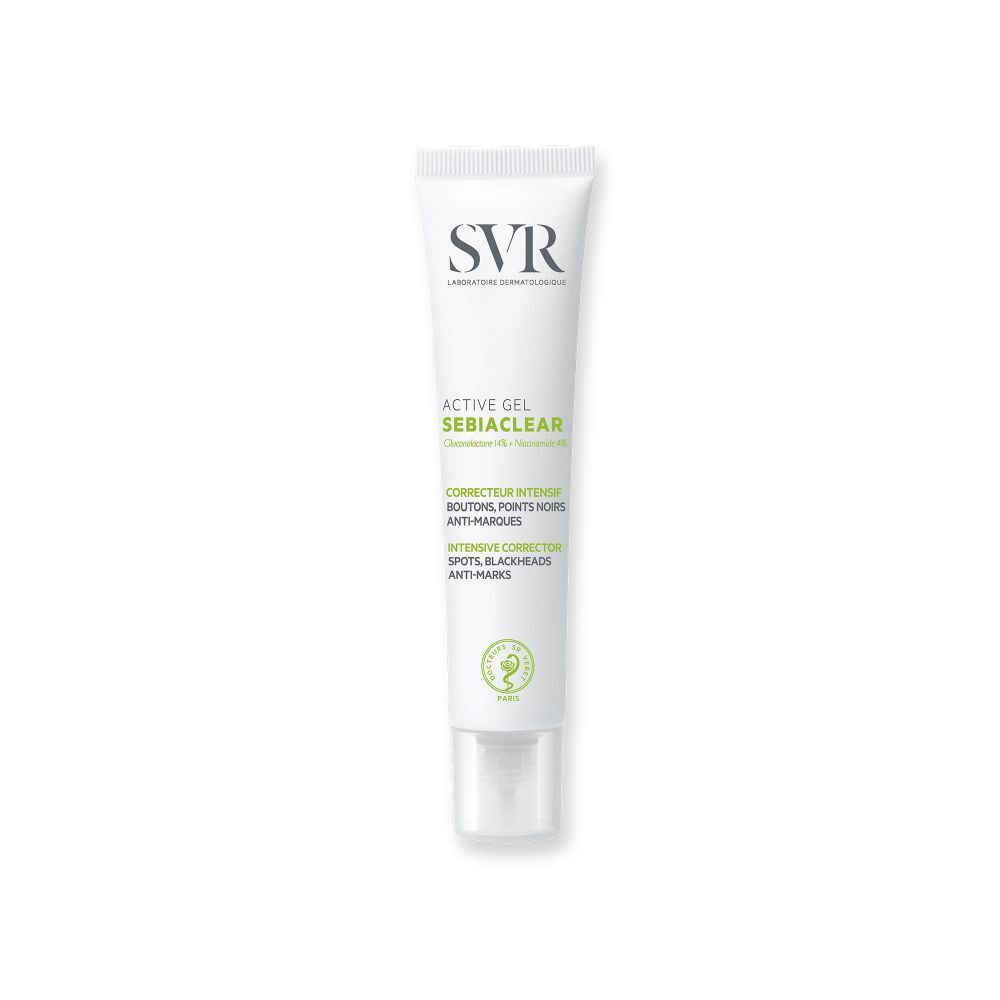 Witte tube met SVR-logo en SEBIACLEAR. Bevat een groen zegel.