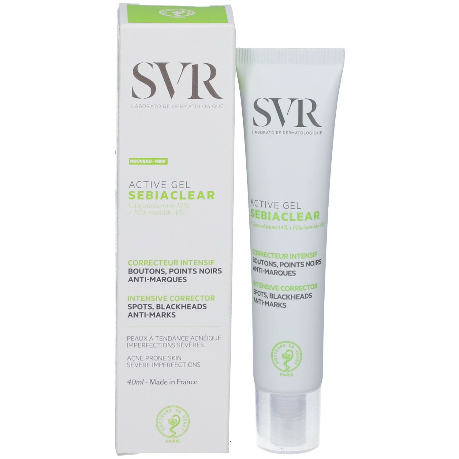 Tube et boîte. Inscription SVR SEBIACLEAR. Gel correcteur pour peaux à imperfections.