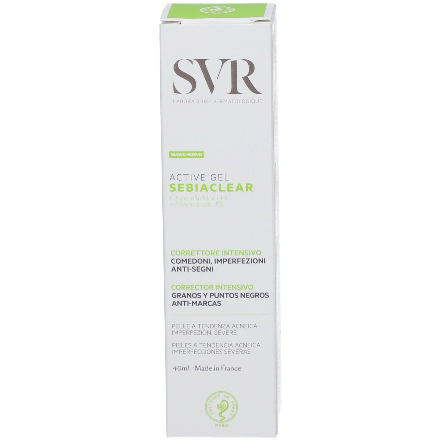 Boîte. Texte: Active Gel SEBIACLEAR. Gel correcteur pour peaux à imperfections.