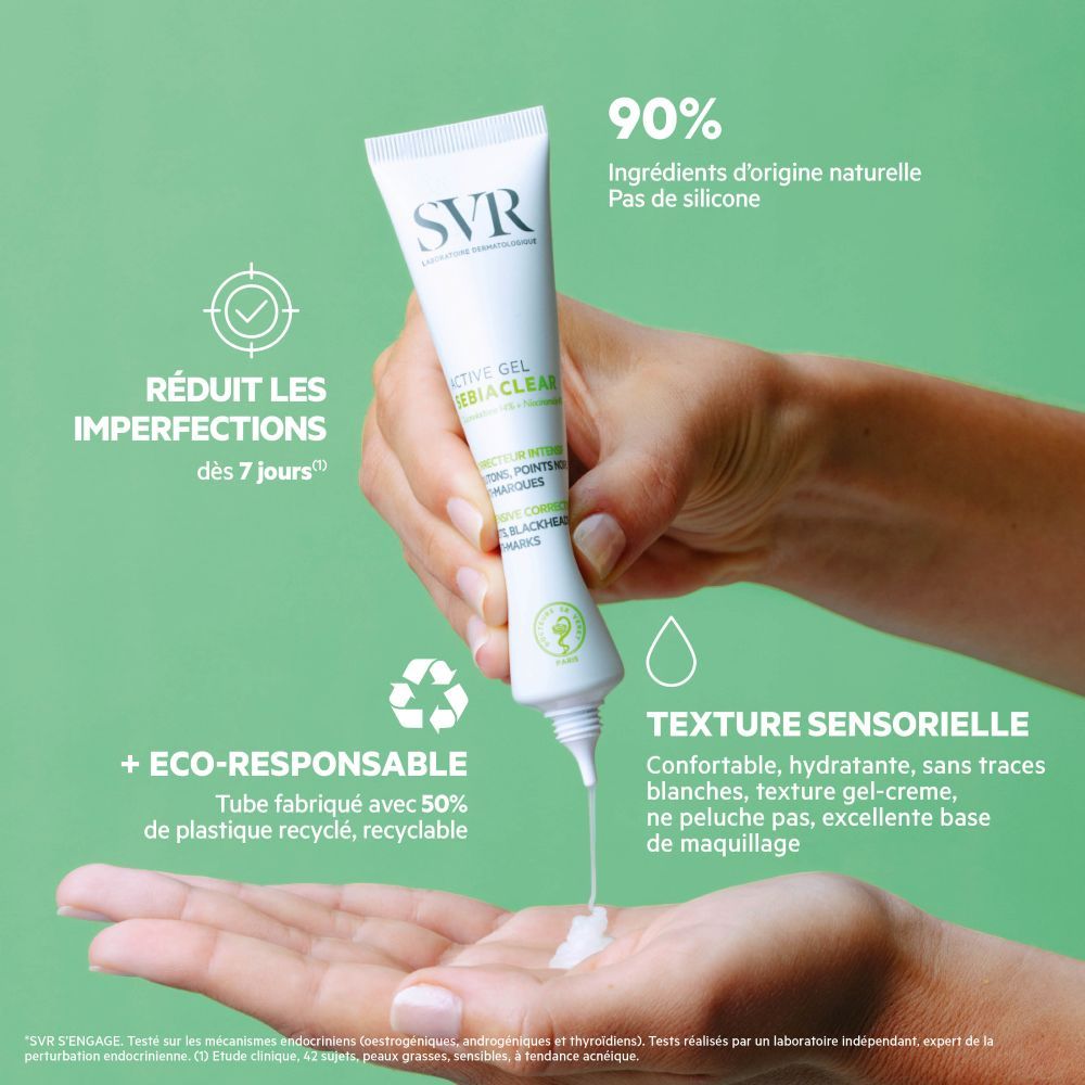Witte tube met SVR-logo en SEBIACLEAR. Bevat een groen zegel.