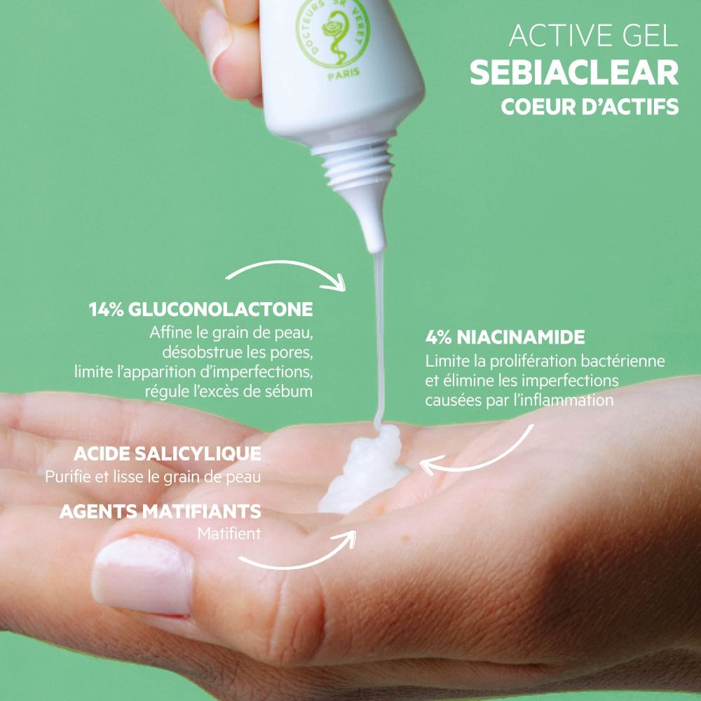 Doos. Tekst: Active Gel SEBIACLEAR. Ingrediënten en gebruiksaanwijzing.
