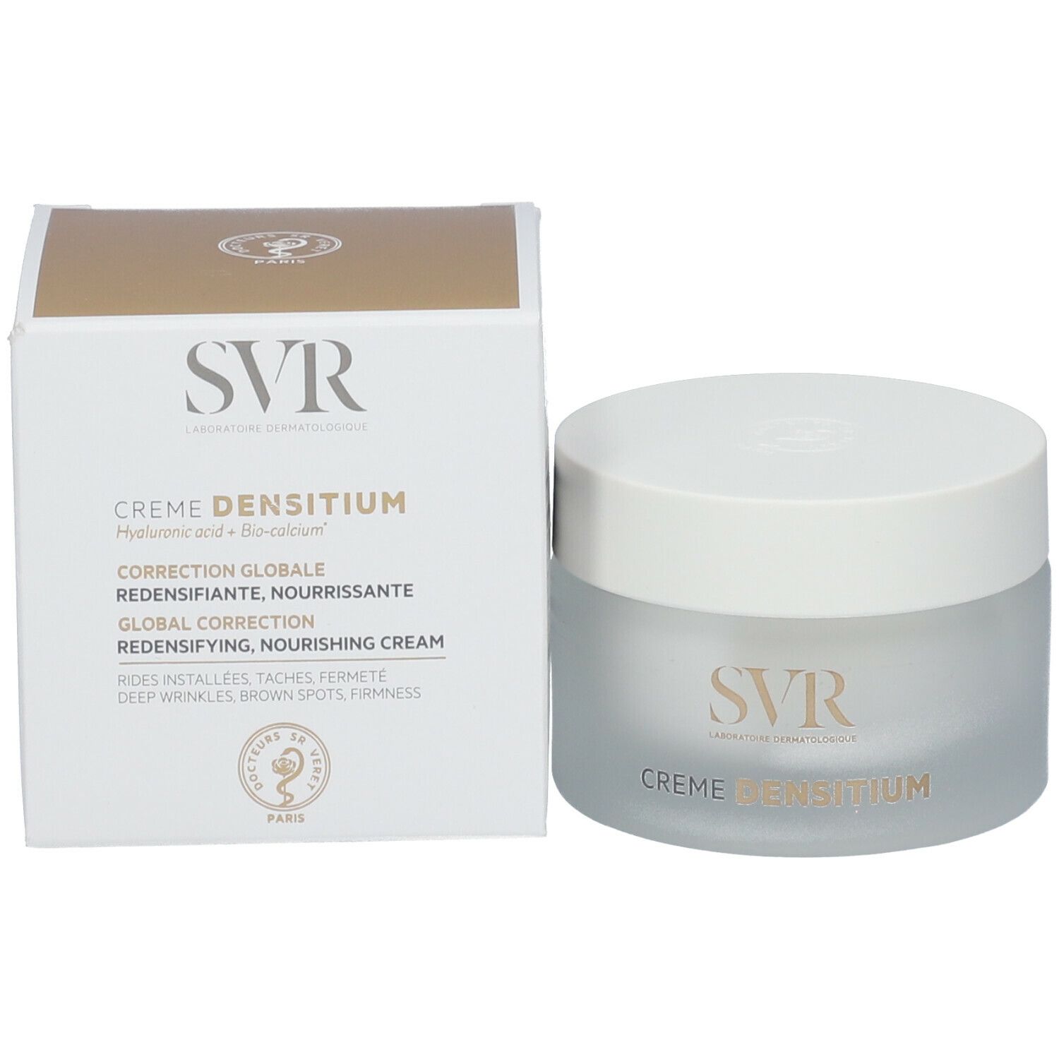 Crèmepot met witte deksel en doos. Op de pot en doos staat "SVR" en "CREME DENSITIUM".