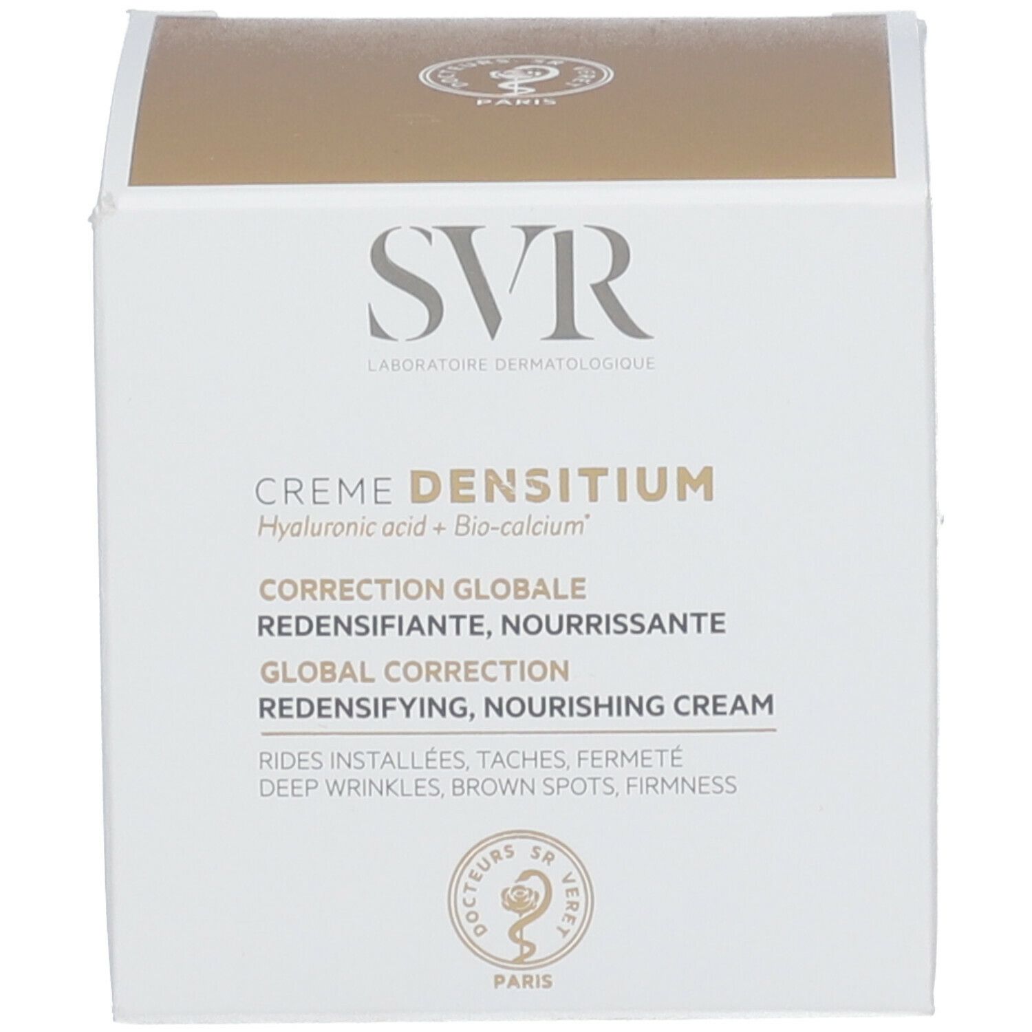 Doos met productinformatie. Op de doos staat "SVR" en "CREME DENSITIUM".