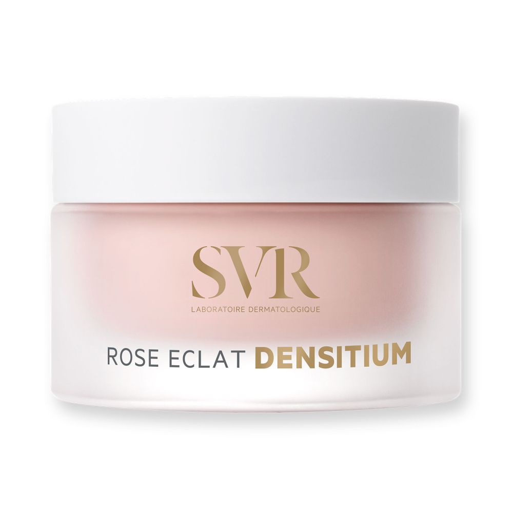 Crèmepot met witte deksel. Opschrift: SVR, Rose Eclat Densitium.