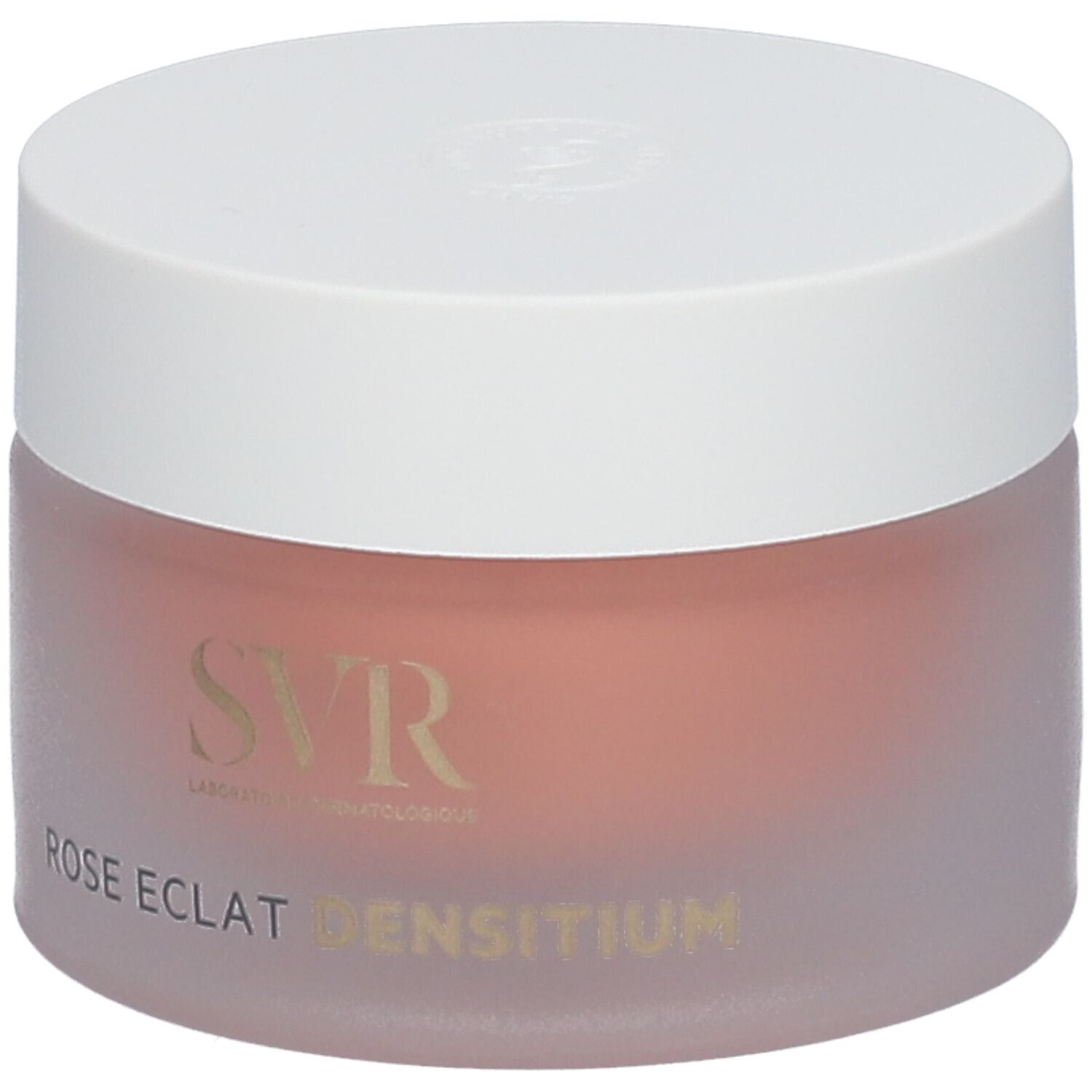 Crèmepot met witte deksel. Opschrift: SVR, Rose Eclat Densitium.