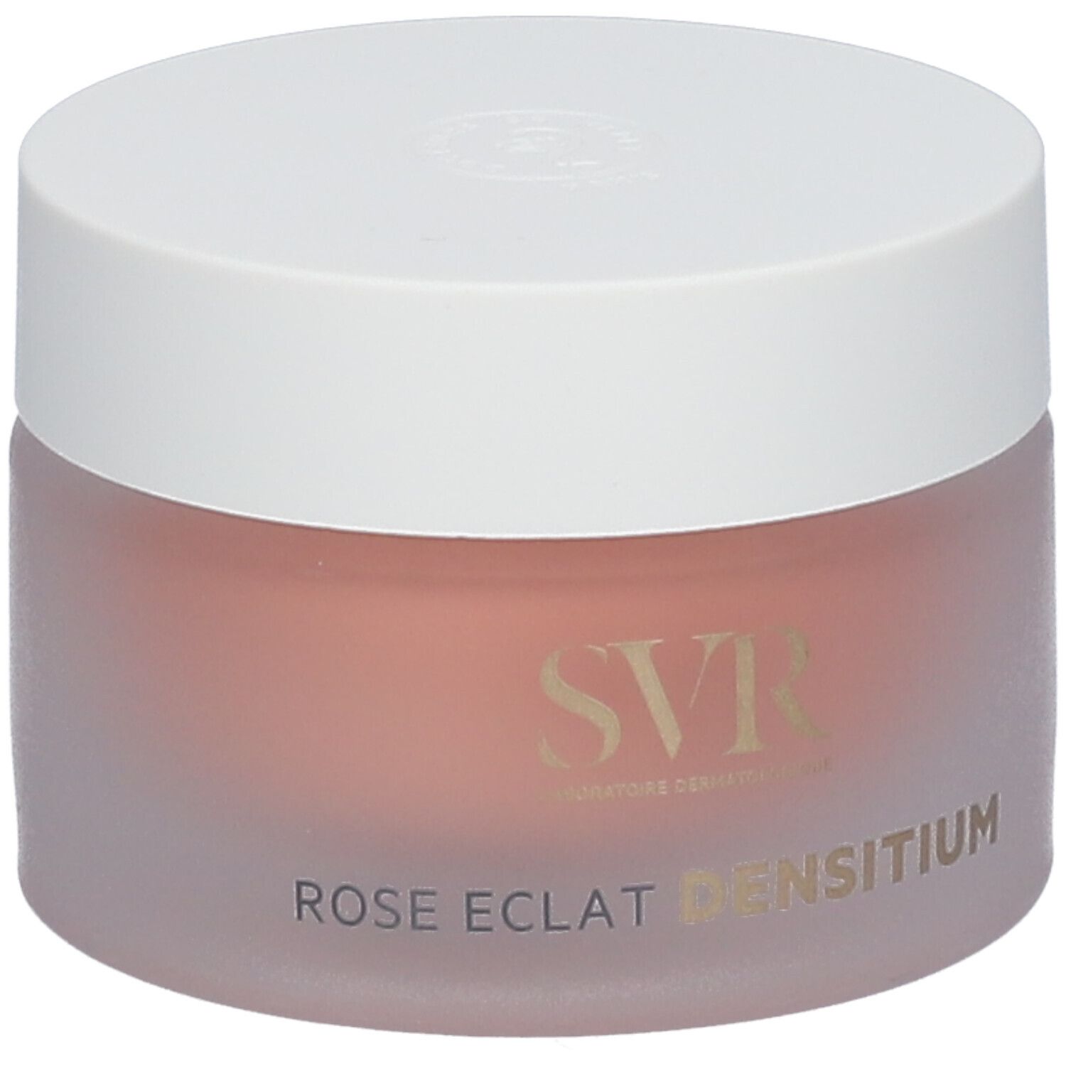 Crèmepot met witte deksel. Opschrift: SVR, Rose Eclat Densitium.