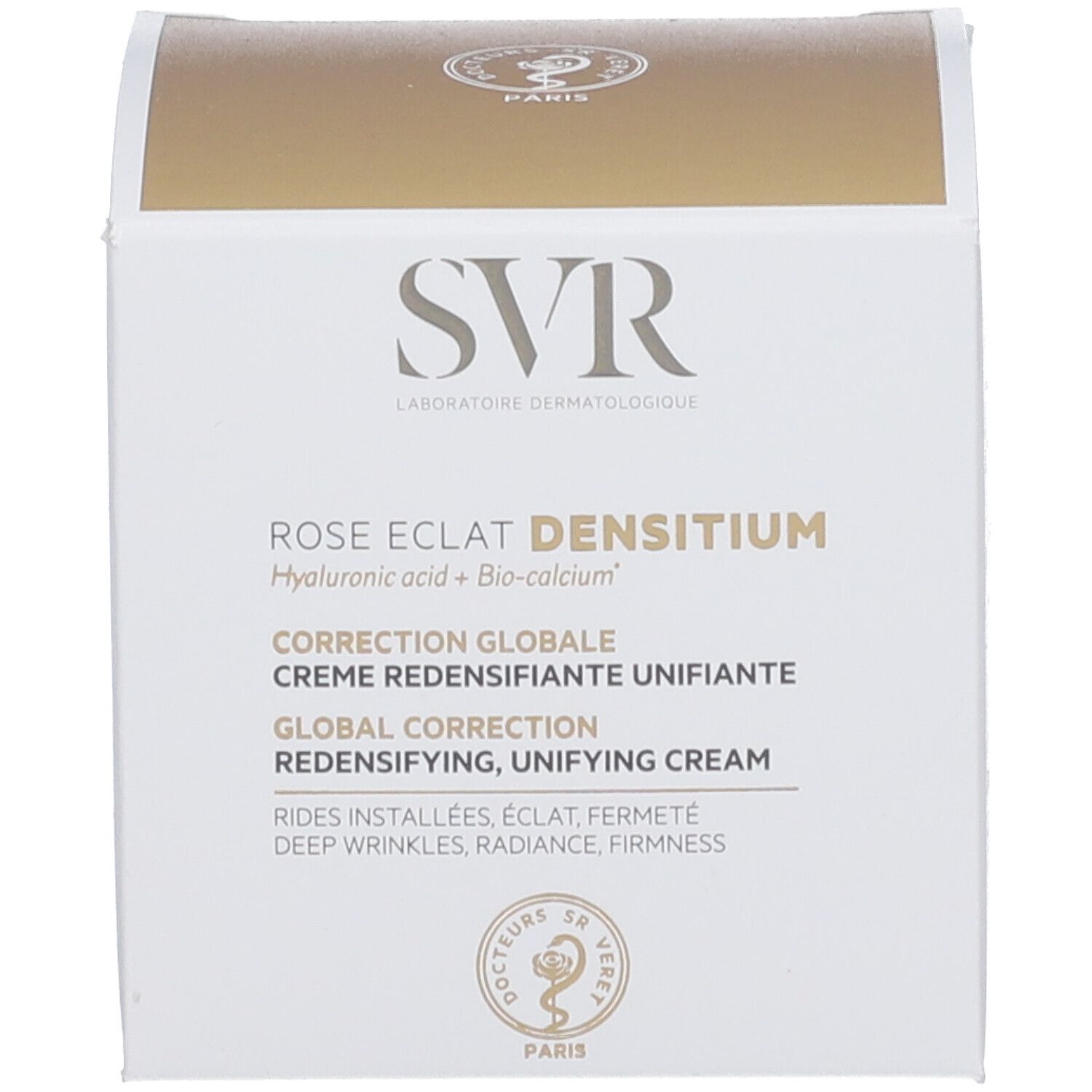 Verpakking met opschrift: SVR, Rose Eclat Densitium.