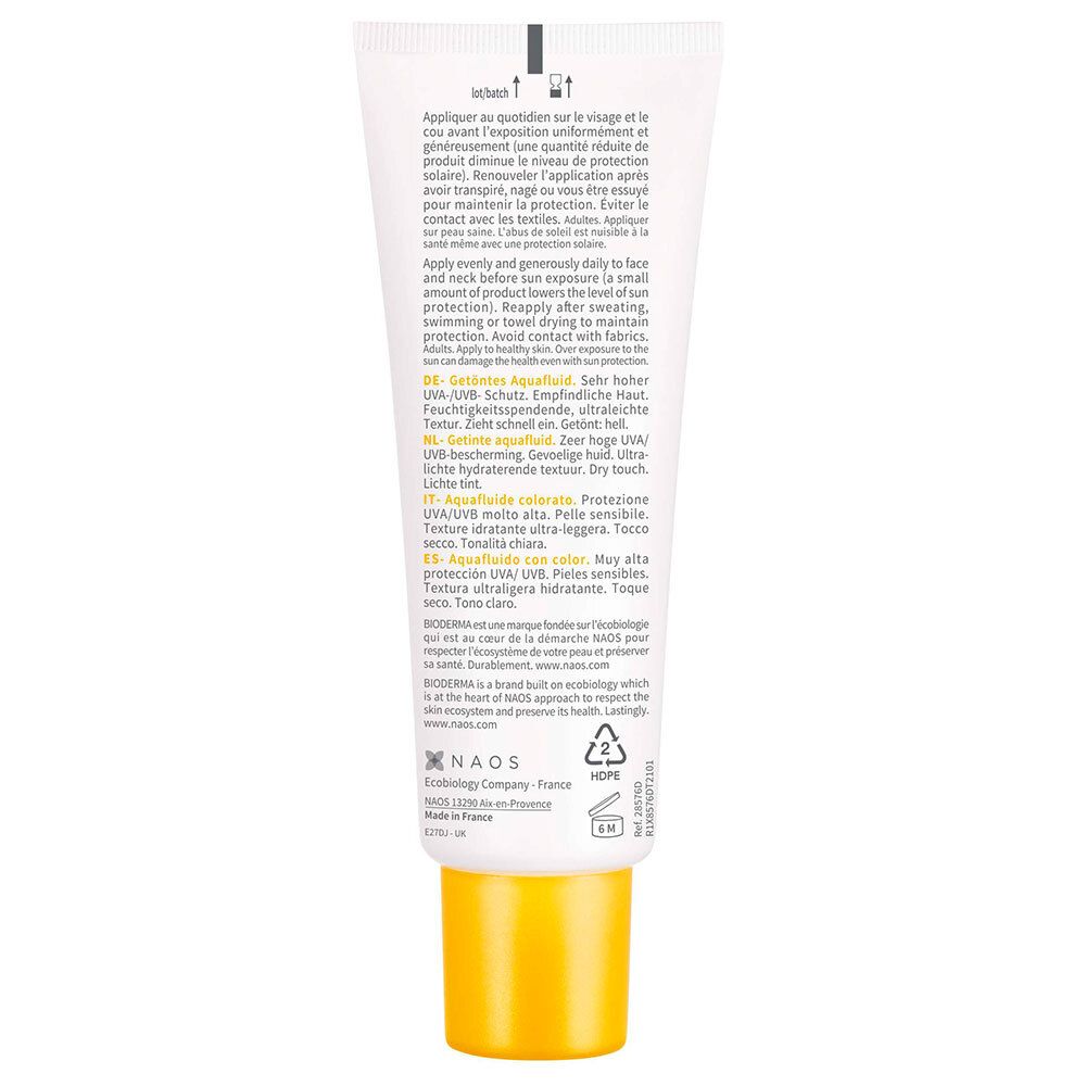 Dos du tube BIODERMA Photoderm Aquafluide SPF50. Texte et instructions en plusieurs langues.