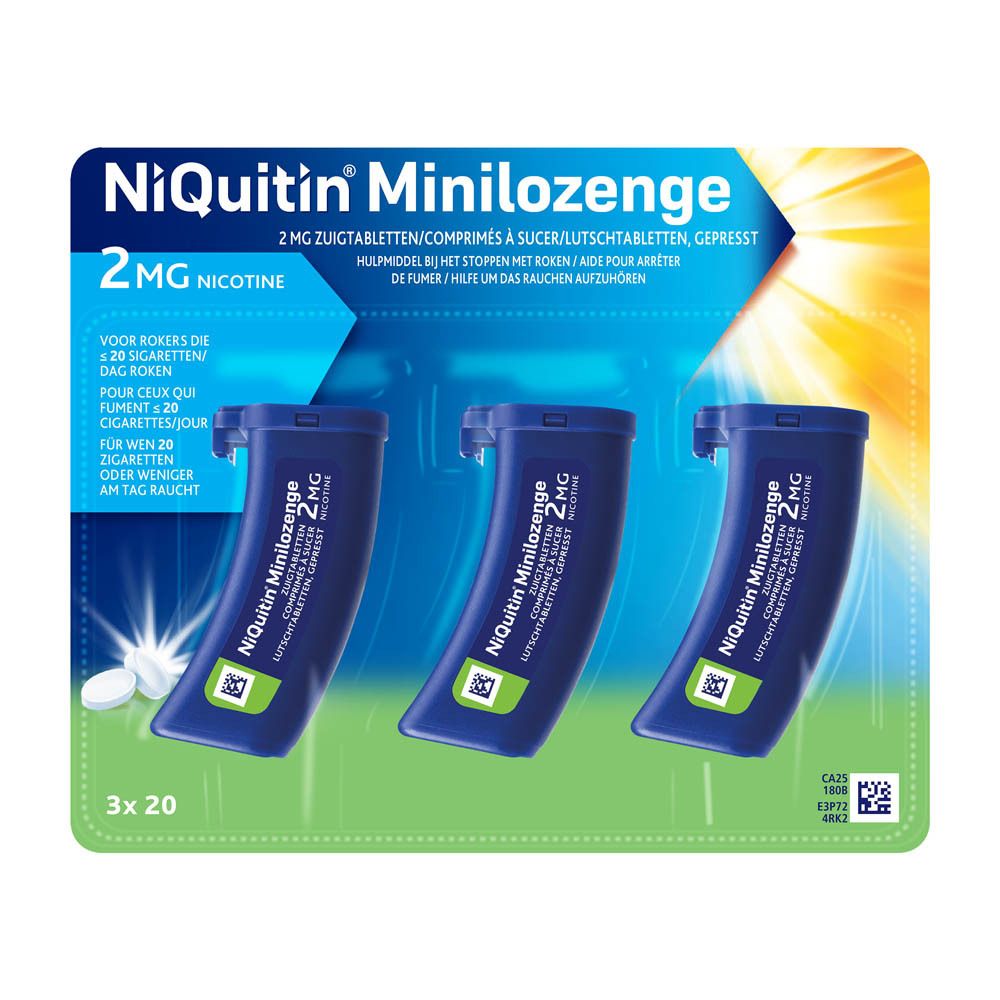 Emballage NiQuitin Minilozenge 2 mg. Trois plaquettes de comprimés. Inscription: 2 mg Nicotine. Aide à arrêter de fumer.