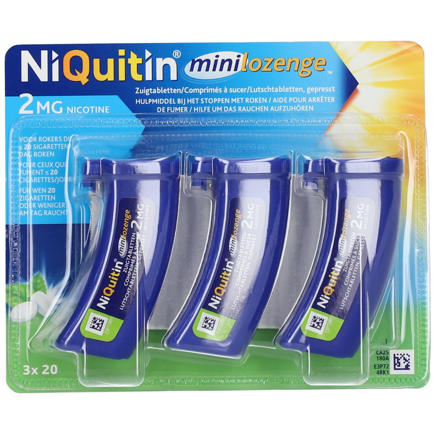 Emballage de NiQuitin Minilozenge 2 mg. Contient trois plaquettes de comprimés. Inscription: 2 mg Nicotine.