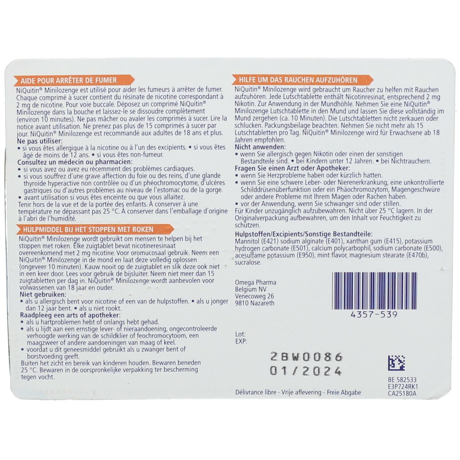 Dos de l'emballage NiQuitin Minilozenge. Texte en français, informations sur l'utilisation et les ingrédients.