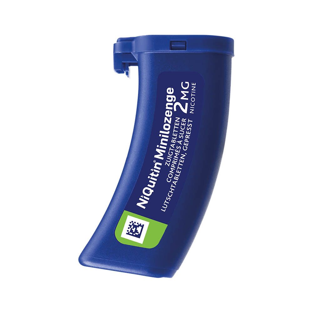Plaquette unique NiQuitin Minilozenge 2 mg. Inscription: 2 mg Nicotine. Comprimés pour fumeurs.