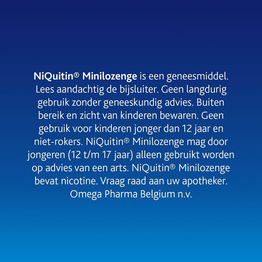 Emballage NiQuitin Minilozenge 2 mg. Trois plaquettes de comprimés. Inscription: 2 mg Nicotine. 60 pastilles.