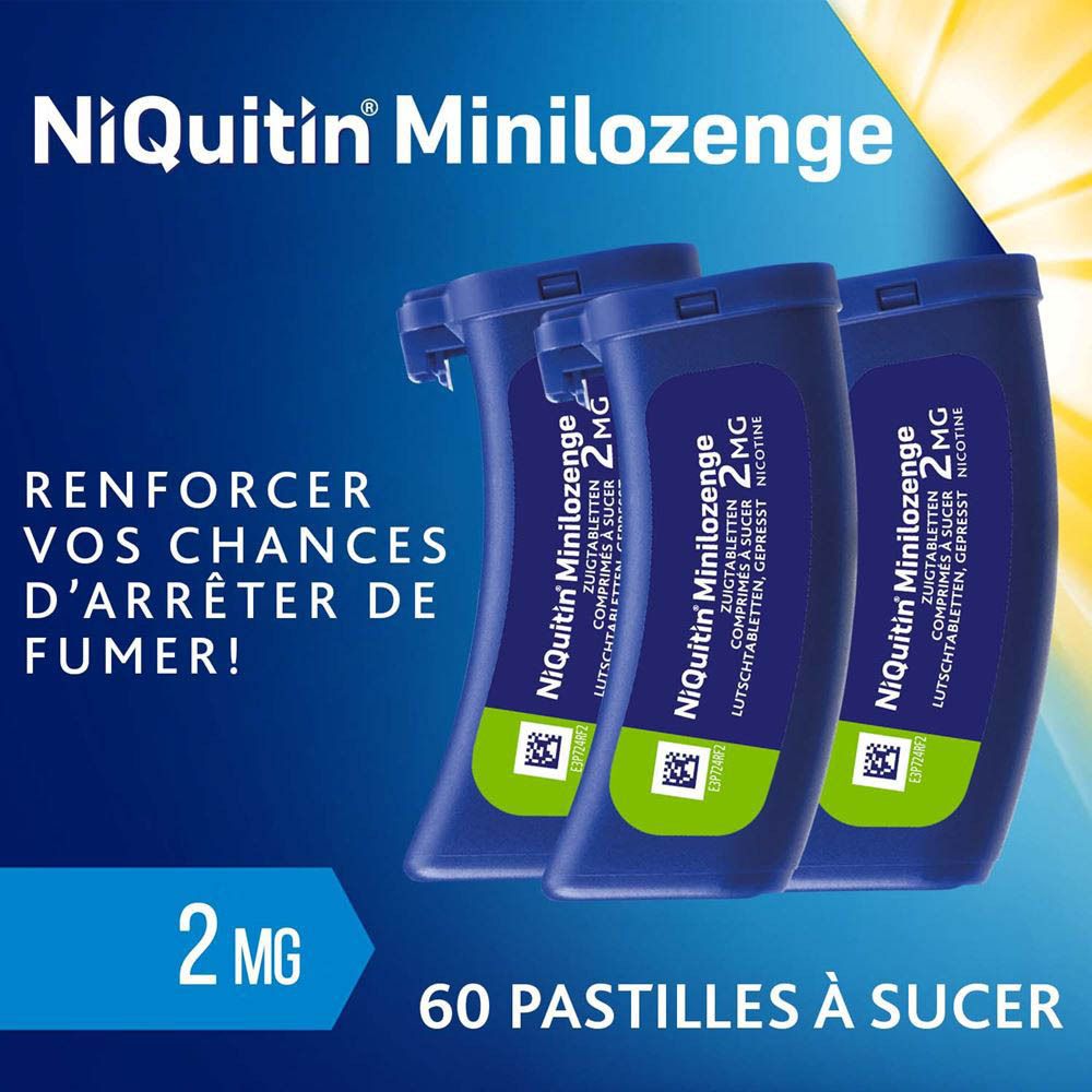 Plaquette unique NiQuitin Minilozenge 2 mg. Inscription: 2 mg Nicotine. Comprimés pour fumeurs.