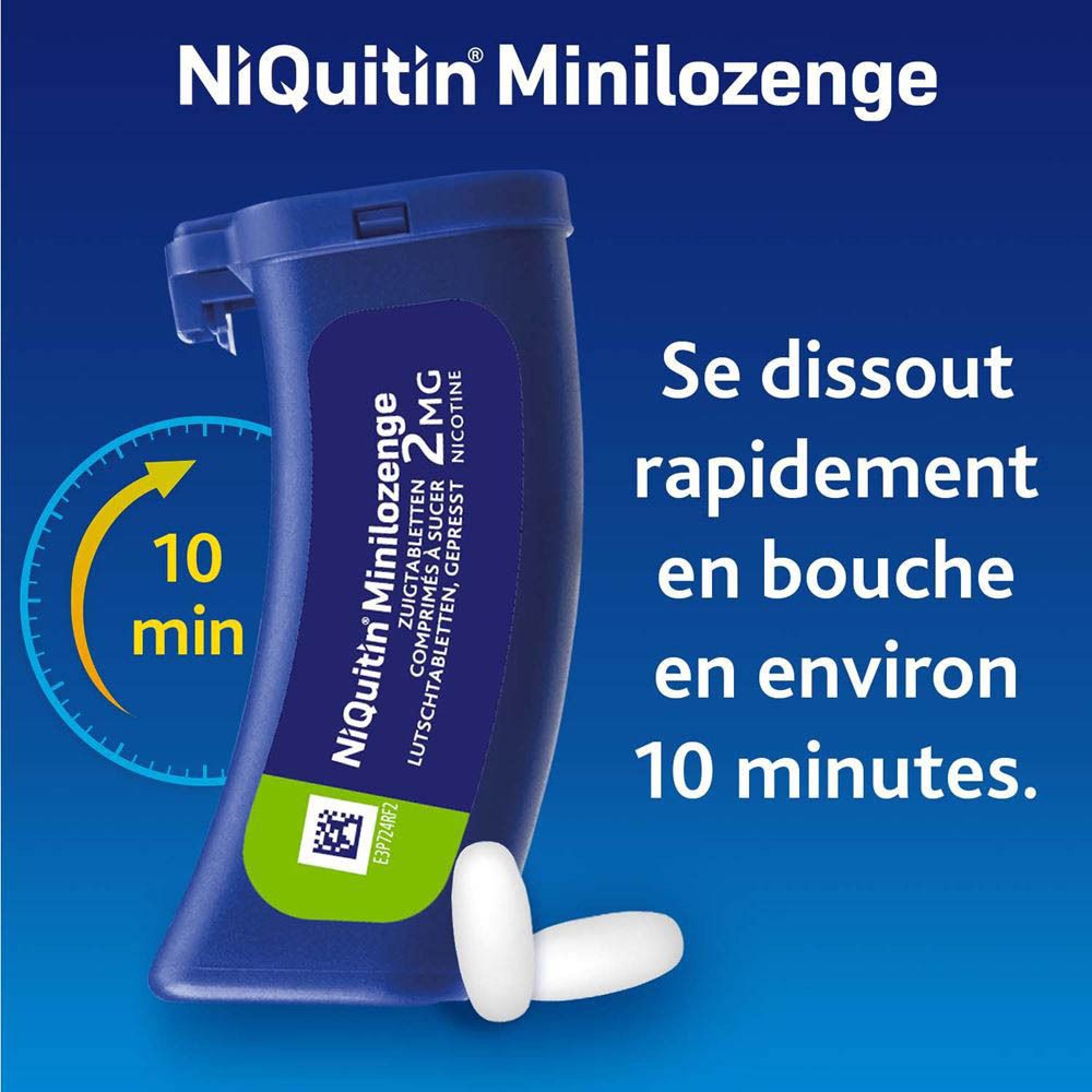 Deux comprimés blancs sur fond bleu. Inscription: NiQuitin Minilozenge. Goût de menthe fraîche.