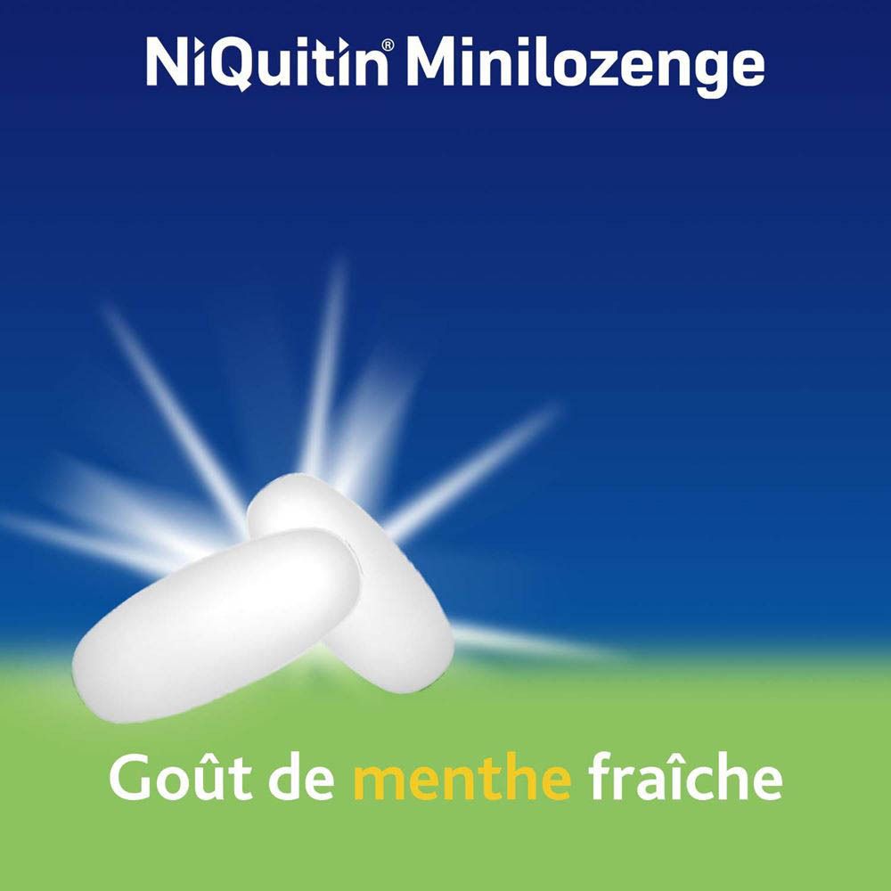 Deux comprimés blancs sur fond bleu. Inscription: NiQuitin Minilozenge. Goût de menthe fraîche.