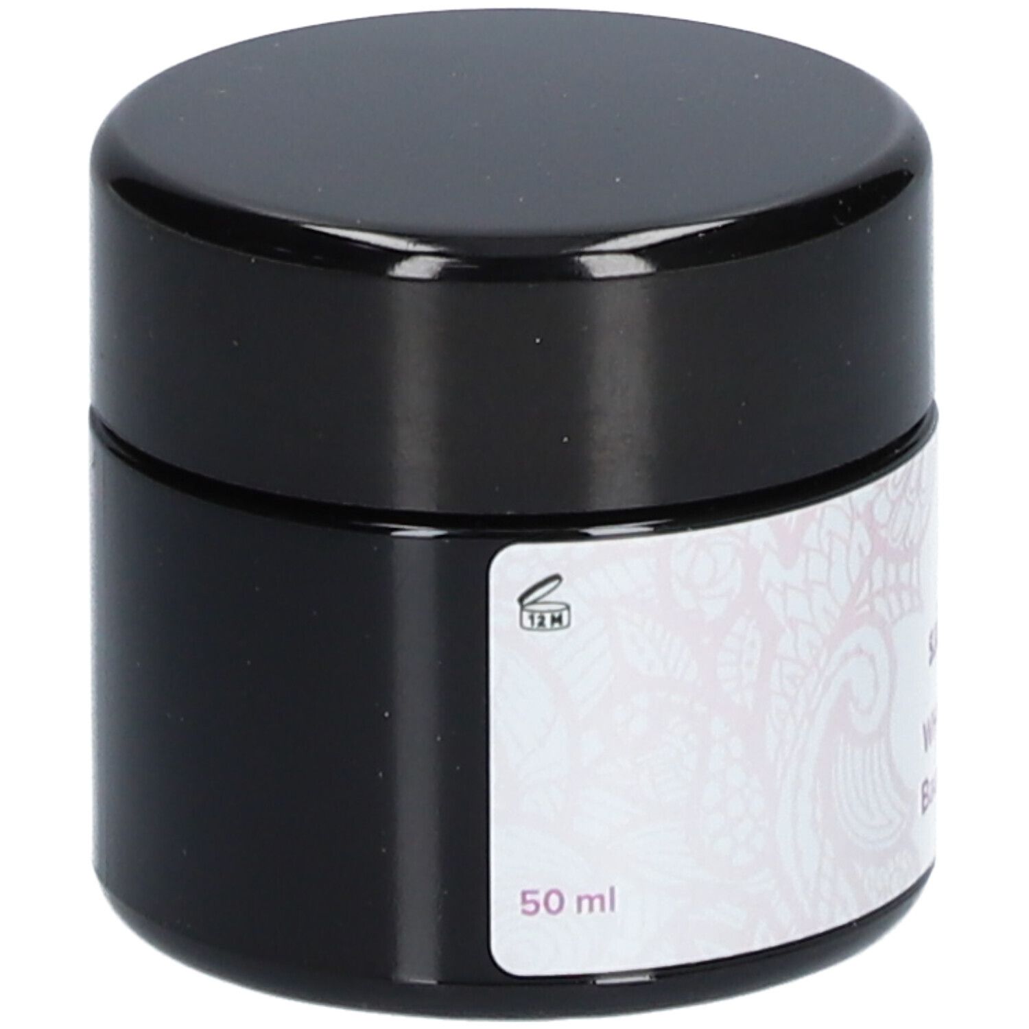 Crèmepot met zwarte deksel. Etiket: 50 ml. Logo en bloemmotief. Sjankara, WHF-crème, Baume WHF.