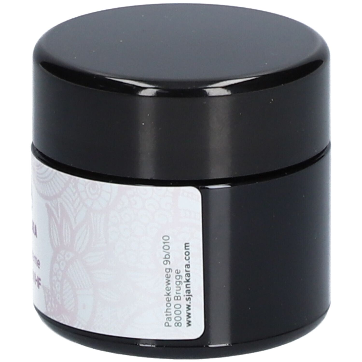 Crèmepot met zwarte deksel. Etiket: adres en website. Sjankara, WHF-crème, Baume WHF. Logo en patroon.