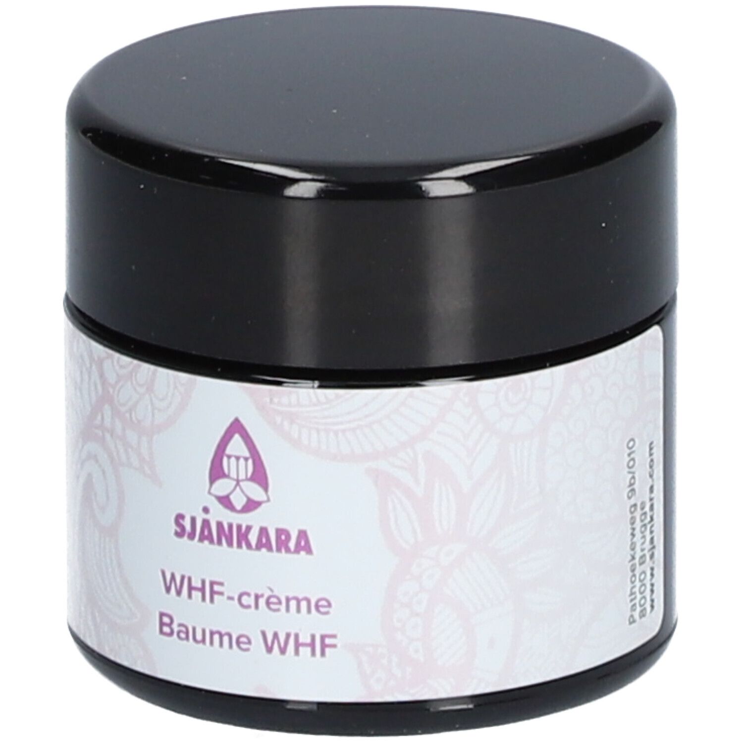 Crèmepot met zwarte deksel. Etiket: Sjankara, WHF-crème, Baume WHF. Paars logo en bloemmotief.