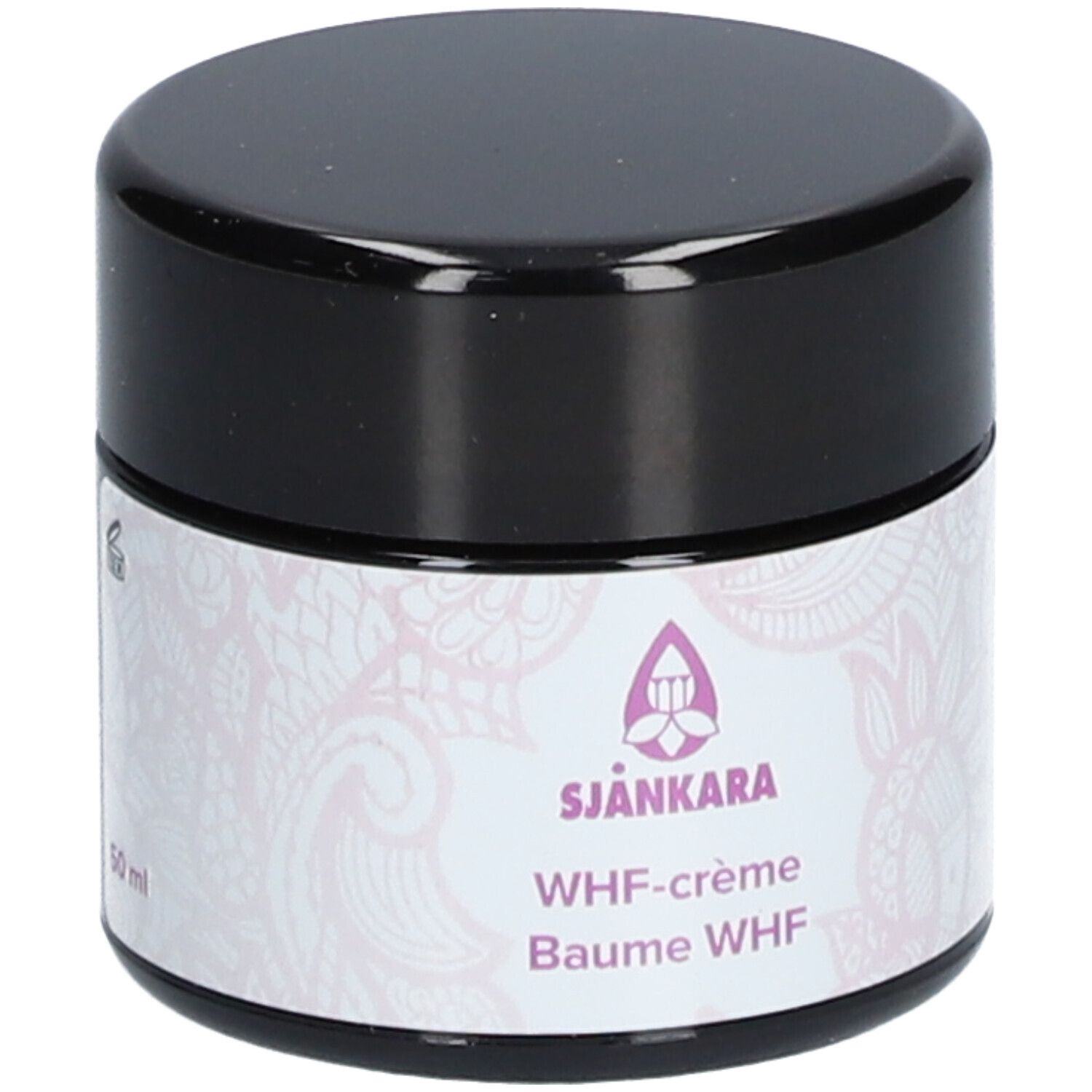 Crèmepot met zwarte deksel. Etiket: 50 ml. Sjankara, WHF-crème, Baume WHF. Logo en bloemmotief.