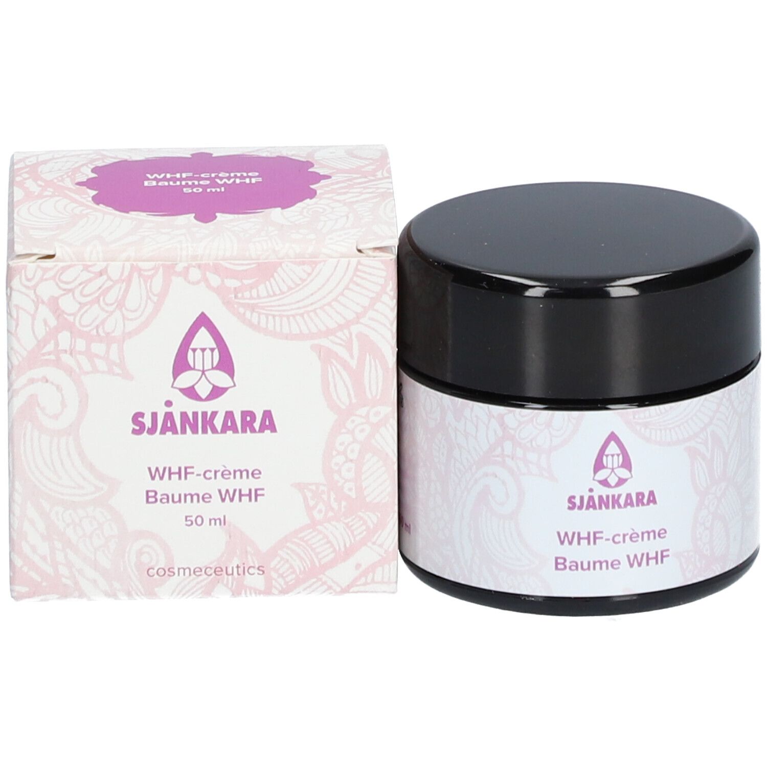 Crèmepot en doos. Op de doos: Sjankara, WHF-crème, Baume WHF, 50 ml. Paars logo en patroon.