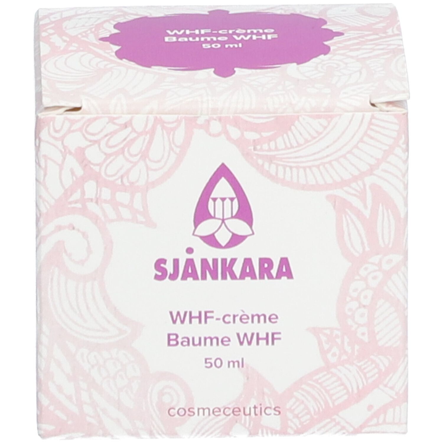 Witte doos met paarse deksel. Op de doos: Sjankara, WHF-crème, Baume WHF, 50 ml. Paars logo en patroon.
