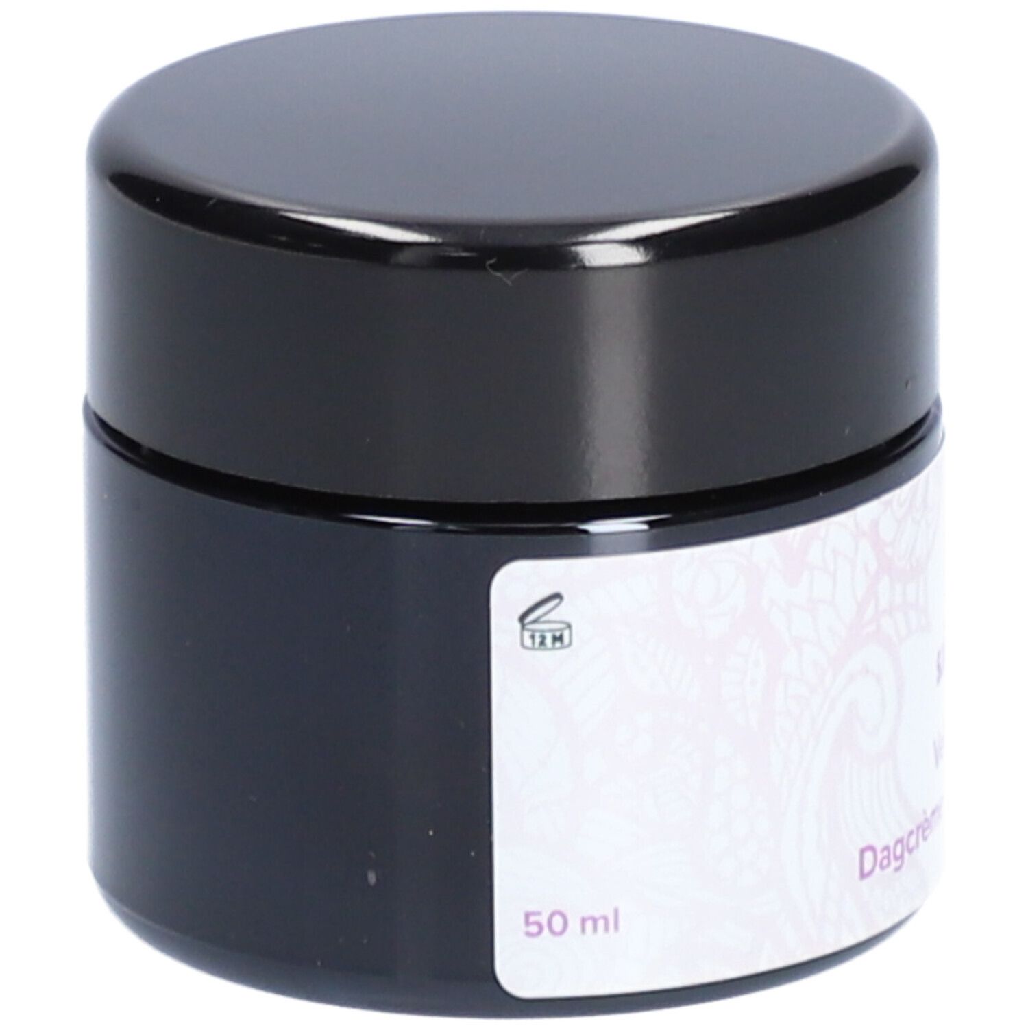Pot de crème avec couvercle noir. Étiquette avec logo, texte et 50 ml. Texte: Velvet skin, Dagcrème - Crème de Jour.