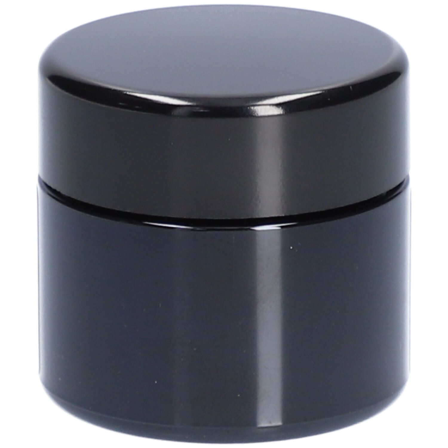 Pot de crème noir avec couvercle noir. Surface brillante. Aucune étiquette visible.
