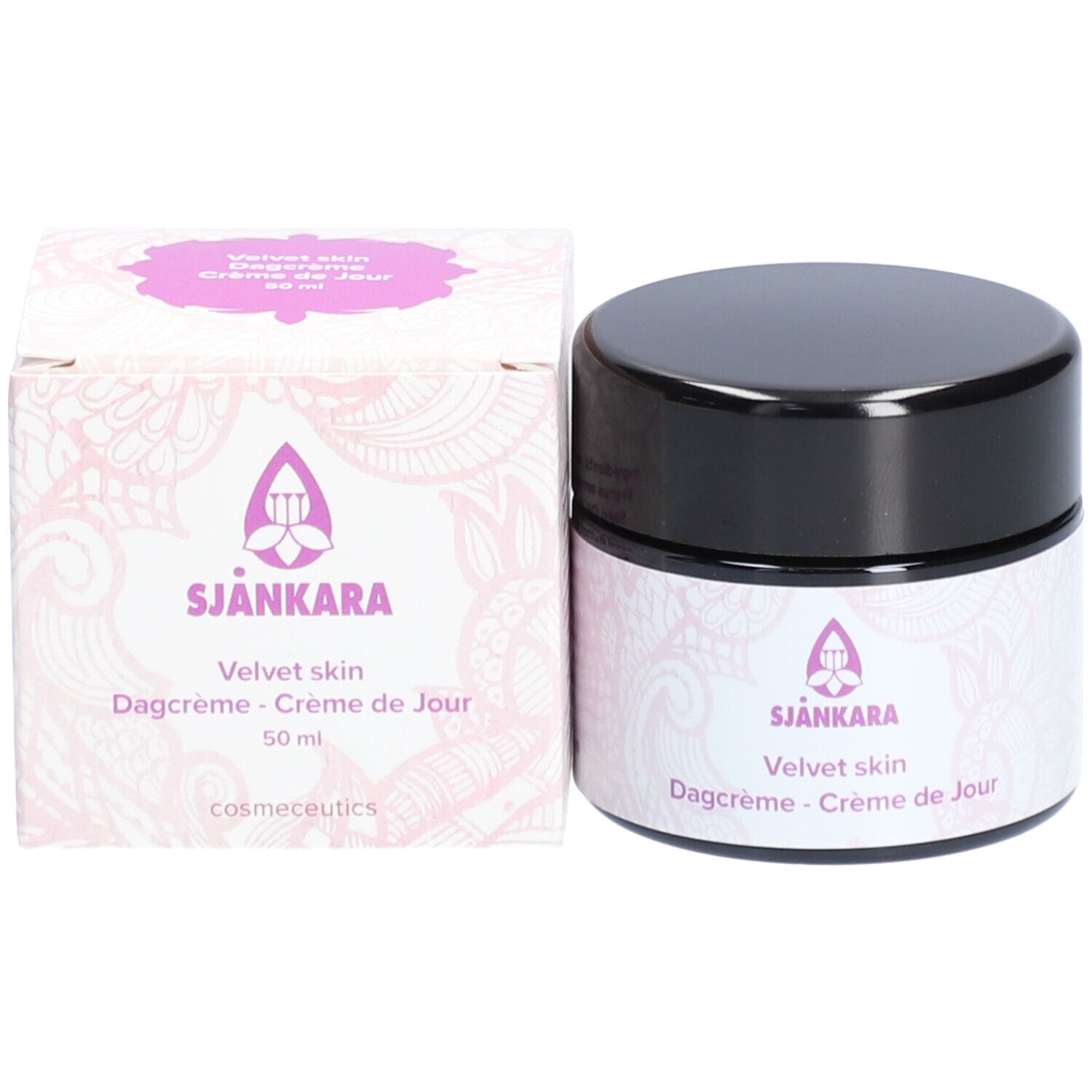 Pot de crème et boîte. Étiquette et boîte avec logo et texte: Velvet skin, Dagcrème - Crème de Jour, 50 ml.