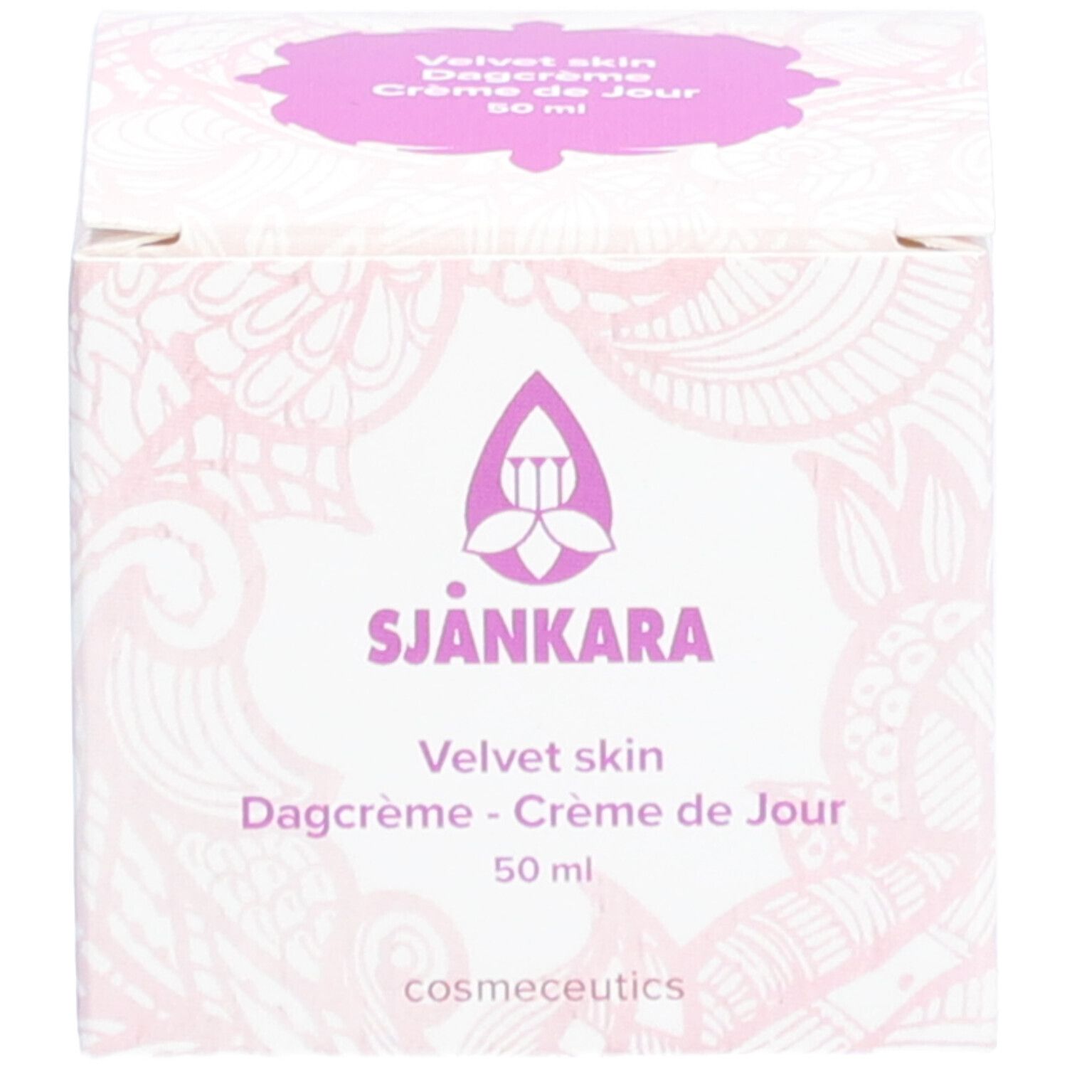 Boîte avec logo et texte: Velvet skin, Dagcrème - Crème de Jour, 50 ml. Motif floral.