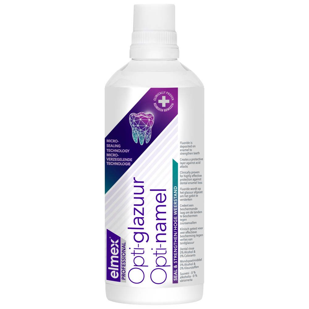 Elmex Opti-glazuur Opti-namel mondspoeling. Witte fles met paars etiket. Productnaam en logo zichtbaar.