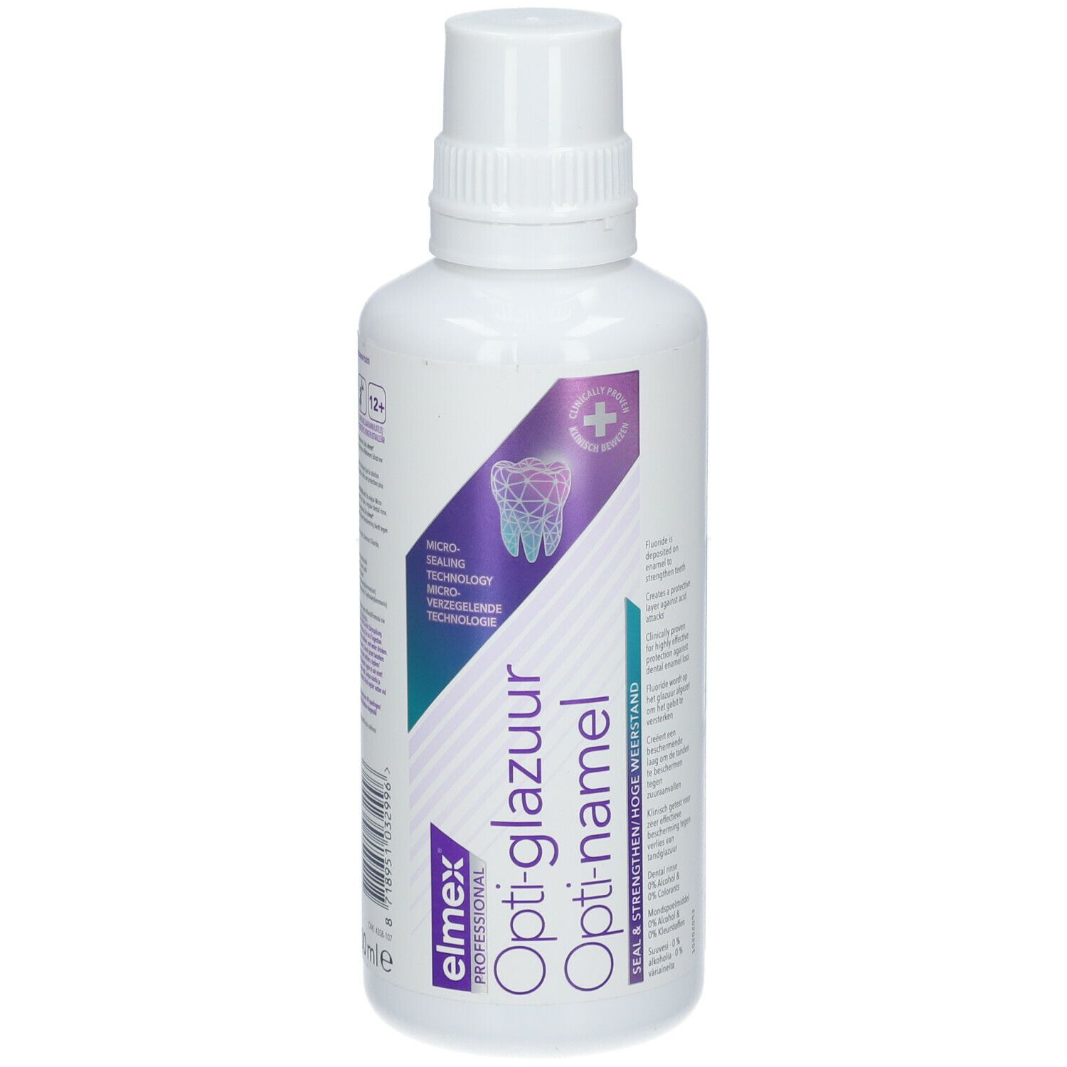 Elmex Opti-glazuur Opti-namel mondspoeling. Witte fles met paars etiket. Productnaam en logo zichtbaar.