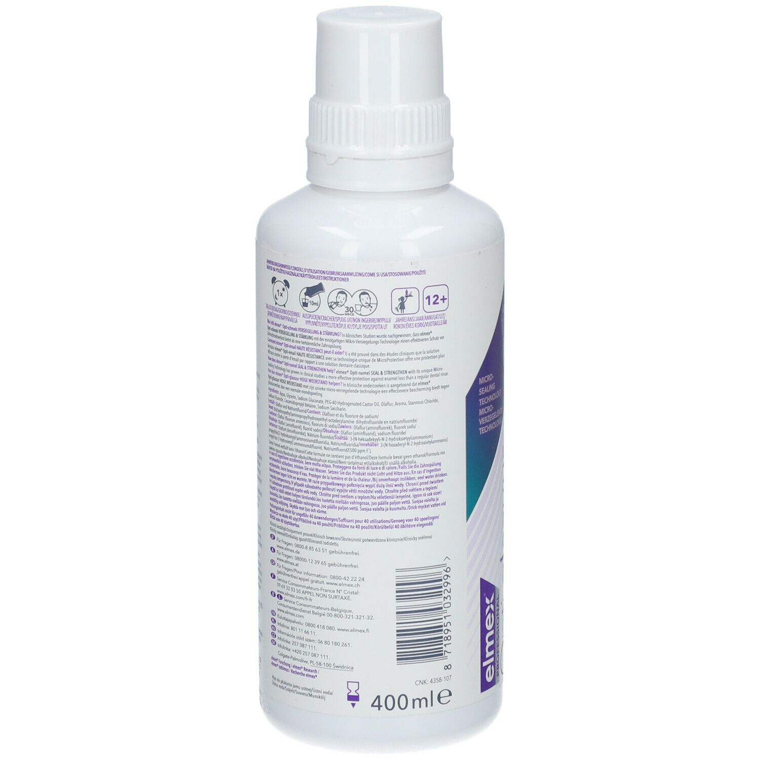 Achterkant van Elmex Opti-glazuur Opti-namel mondspoeling. Tekst en symbolen op witte achtergrond. 400ml.