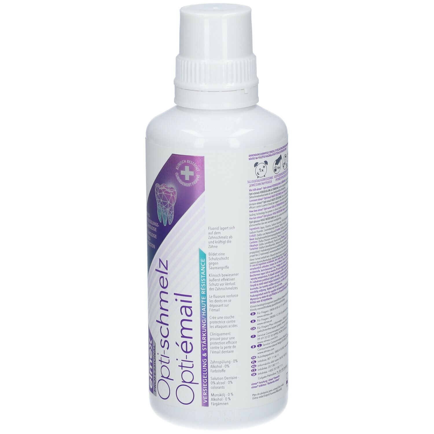 Elmex Opti-schmelz Opti-émail mondspoeling. Witte fles met paars etiket. Productnaam en logo zichtbaar.