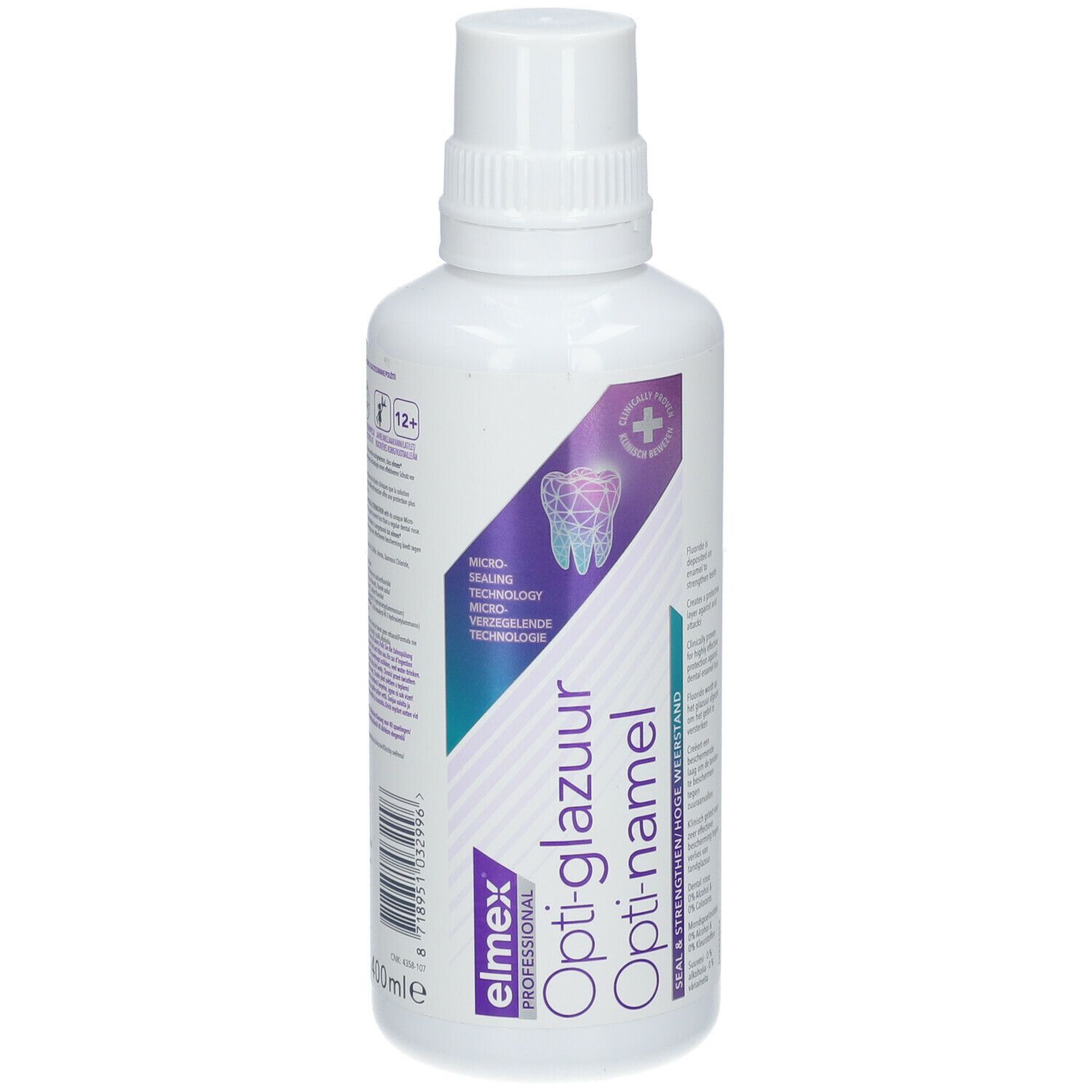 Elmex Opti-glazuur Opti-namel mondspoeling. Witte fles met paars etiket. Productnaam en logo zichtbaar.