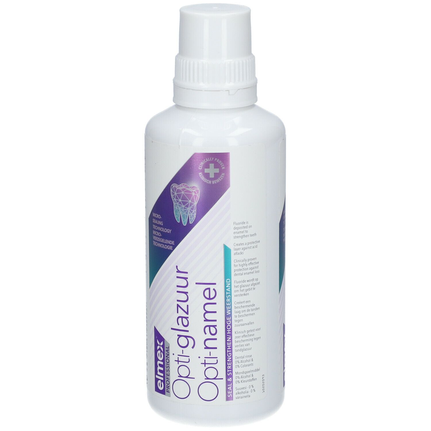 Elmex Opti-glazuur Opti-namel mondspoeling. Witte fles met paars etiket. Productnaam en logo zichtbaar.