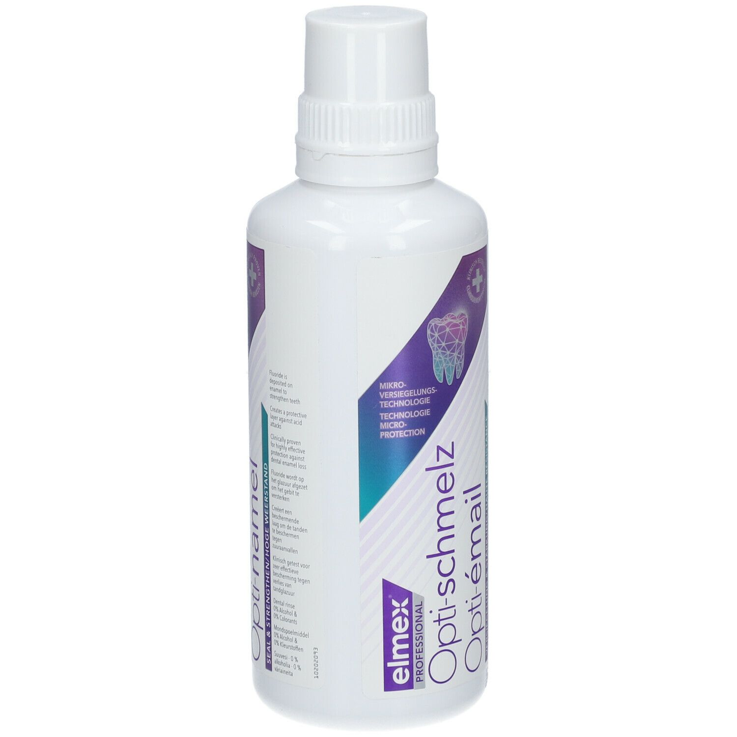 Elmex Opti-schmelz Opti-émail mondspoeling. Witte fles met paars etiket. Productnaam en logo zichtbaar.