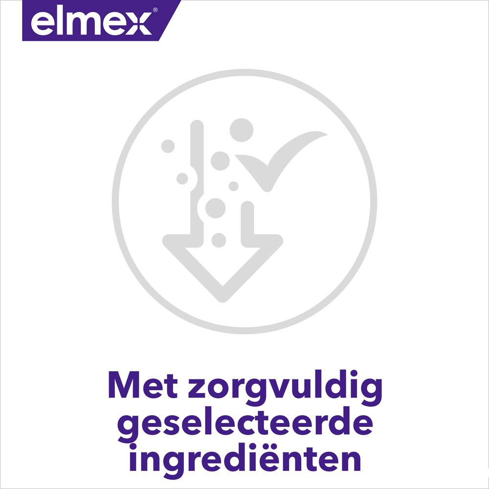 Elmex logo en grafiek. Tekst: Met zorgvuldig geselecteerde ingrediënten.