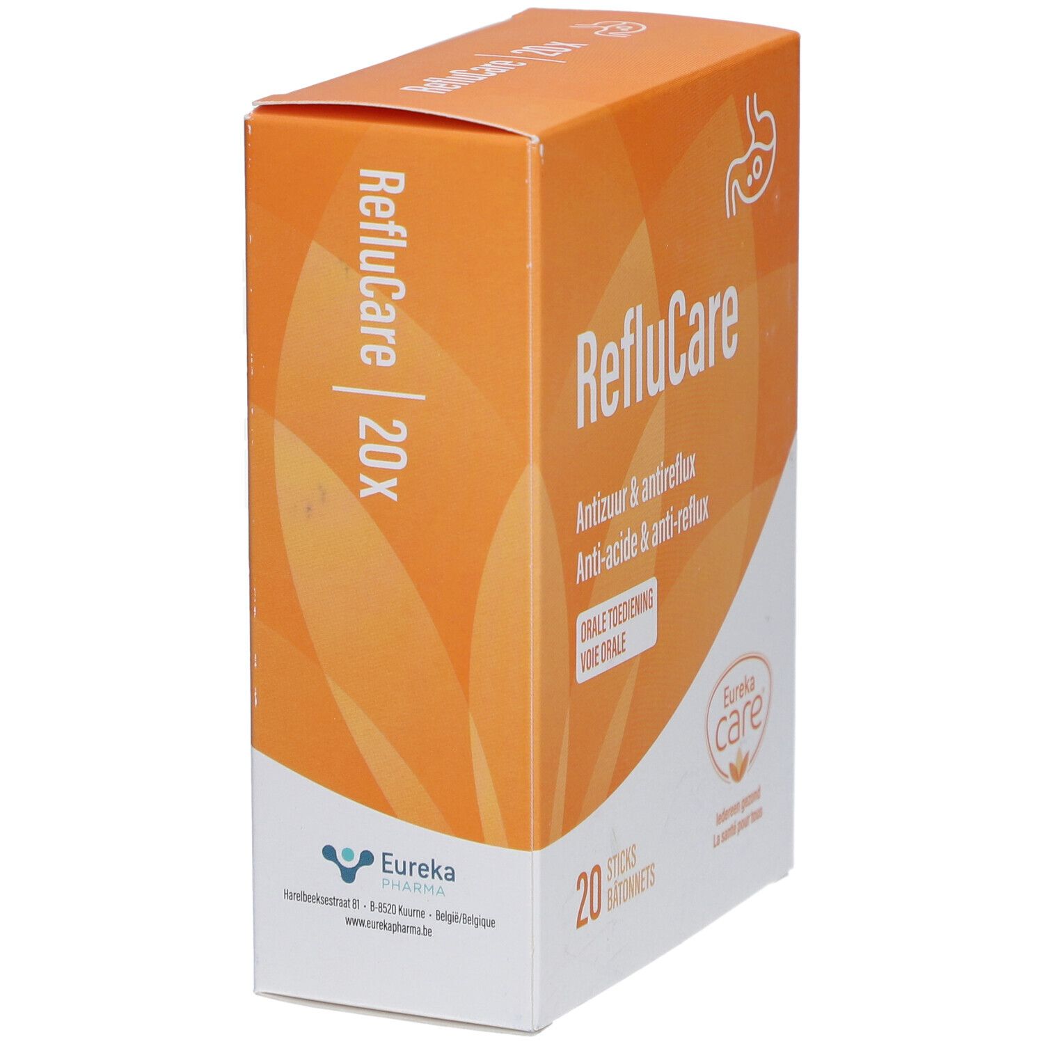 Boîte RefluCare, orange et blanche, avec nom, logo et texte. 20 sticks. Vue en biais.