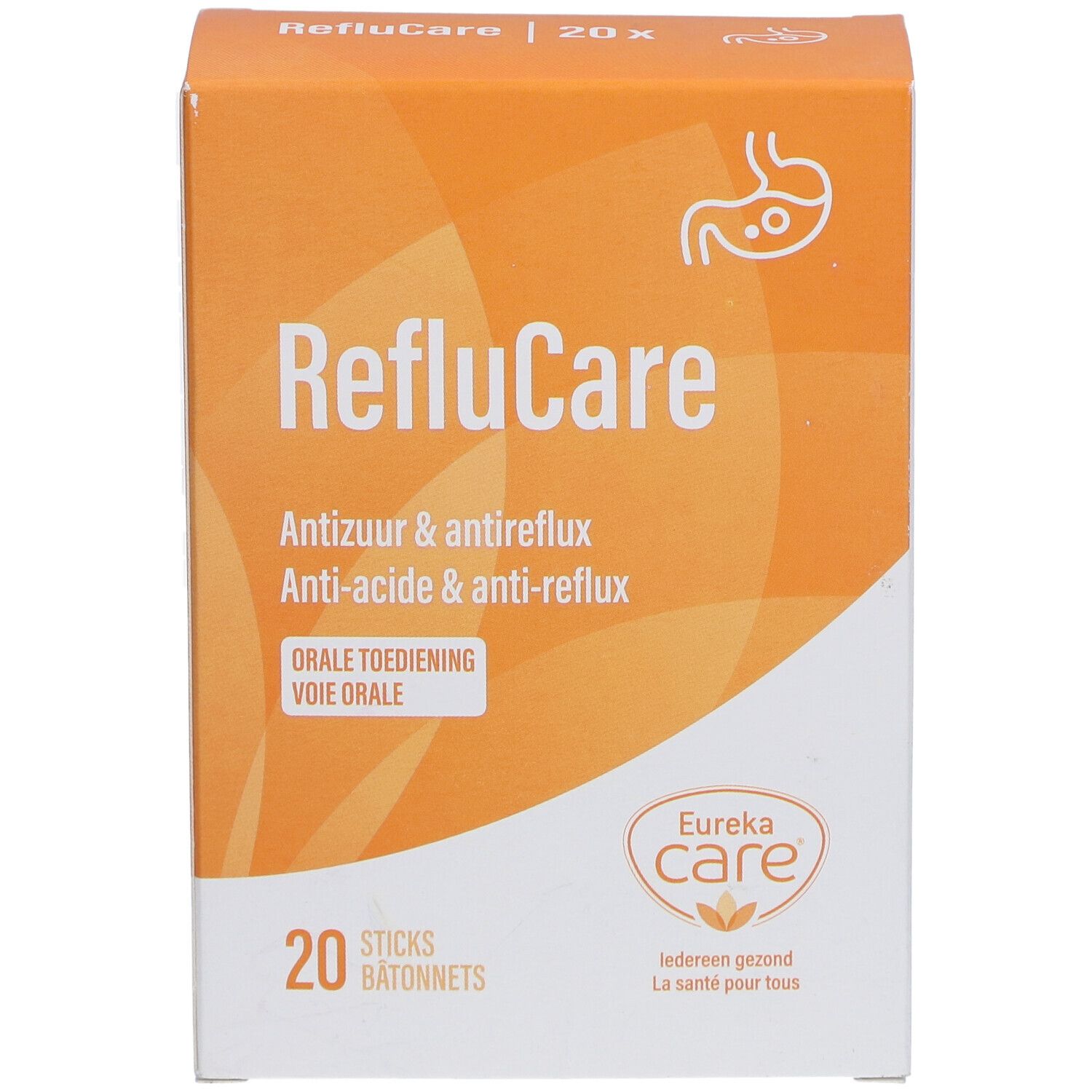 Face avant de la boîte RefluCare. Design orange et blanc avec nom, logo et texte. 20 sticks.