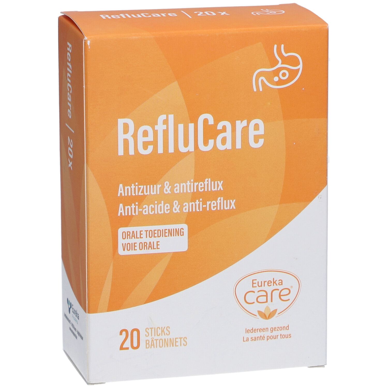 Boîte RefluCare, orange et blanche, avec nom, logo et texte. 20 sticks. Gros plan.