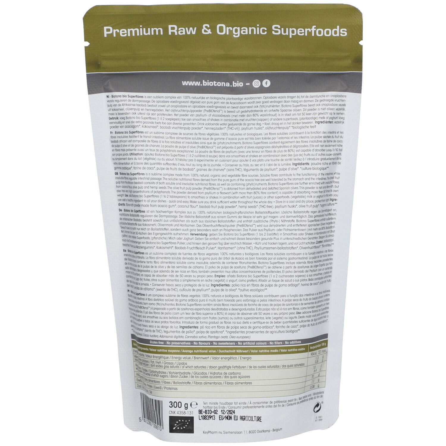 Achterkant van de verpakking van Biotona Superfibres. Tekst in meerdere talen. Bevat informatie over ingrediënten en voedingswaarden. Linksonder: 300g.