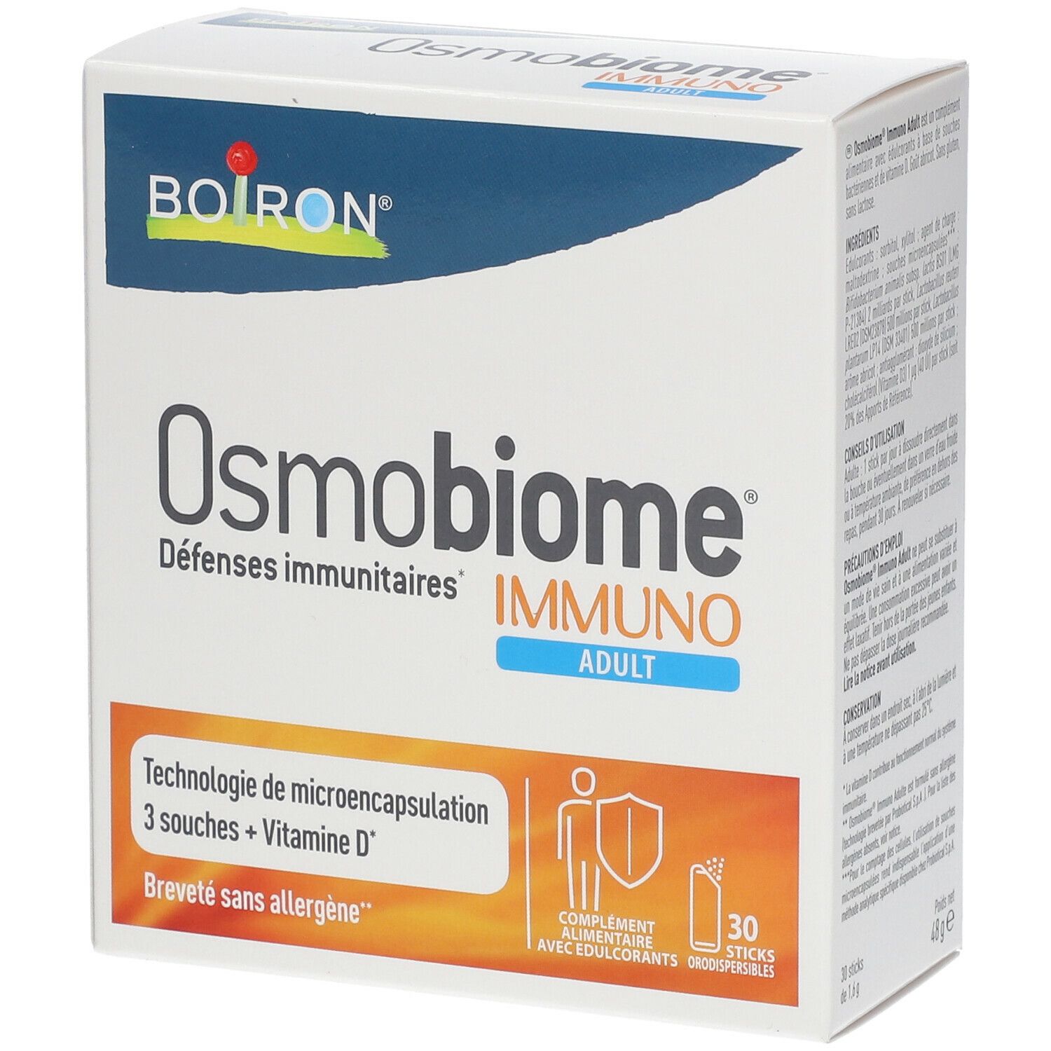 Witte doos Osmobiome Immuno Adult. Boiron-logo. 30 sticks. Tekst: Défenses immunitaires, Technologie de microencapsulation, Breveté sans allergène.