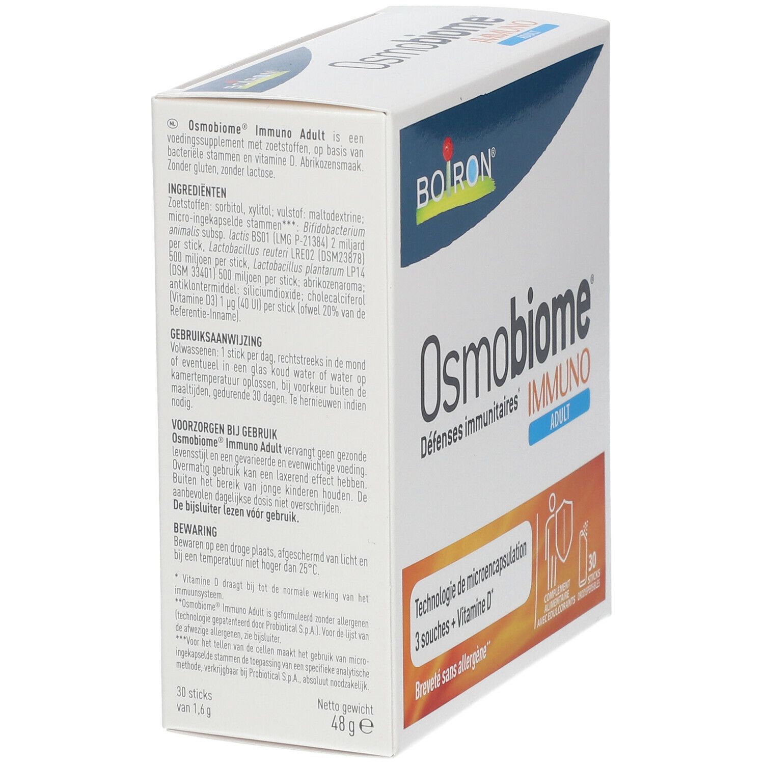 Doos Osmobiome Immuno Adult, Boiron-logo. 30 sticks. Tekst: Défenses immunitaires, Technologie de microencapsulation, Breveté sans allergène.