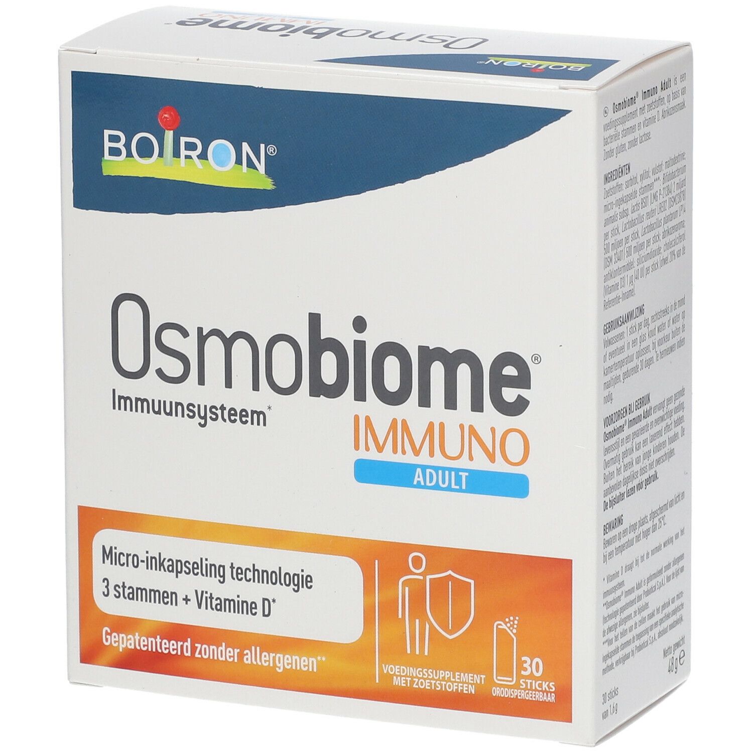 Witte doos Osmobiome Immuno Adult. Boiron-logo. 30 sticks. Tekst: Immunsysteem, Micro-inkapseling technologie, 3 stammen + Vitamine D.