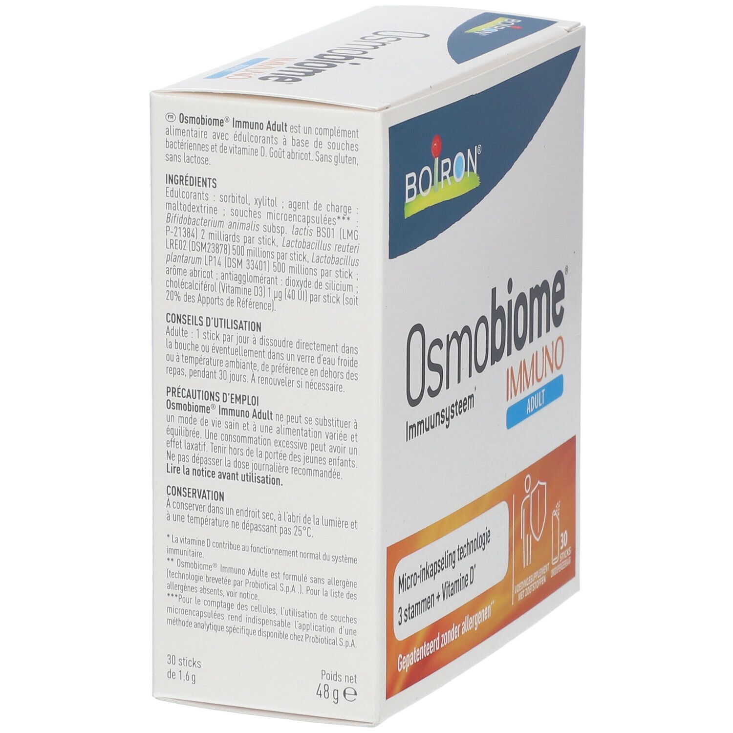 Doos Osmobiome Immuno Adult. Boiron-logo. 30 sticks. Tekst: Immunsysteem, Micro-inkapseling technologie, 3 stammen + Vitamine D.