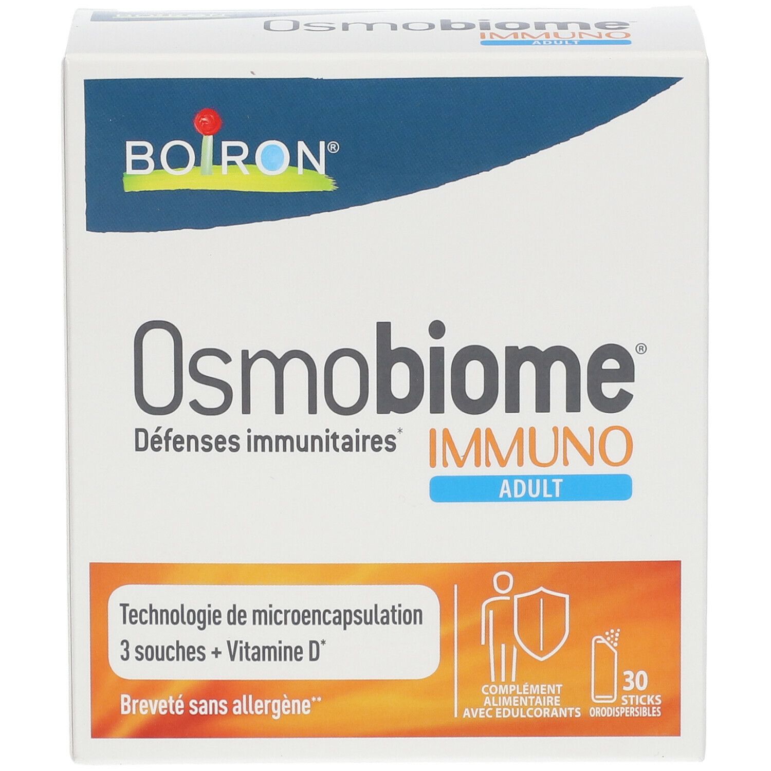 Witte doos Osmobiome Immuno Adult. Boiron-logo. 30 sticks. Tekst: Défenses immunitaires, Technologie de microencapsulation, Breveté sans allergène.