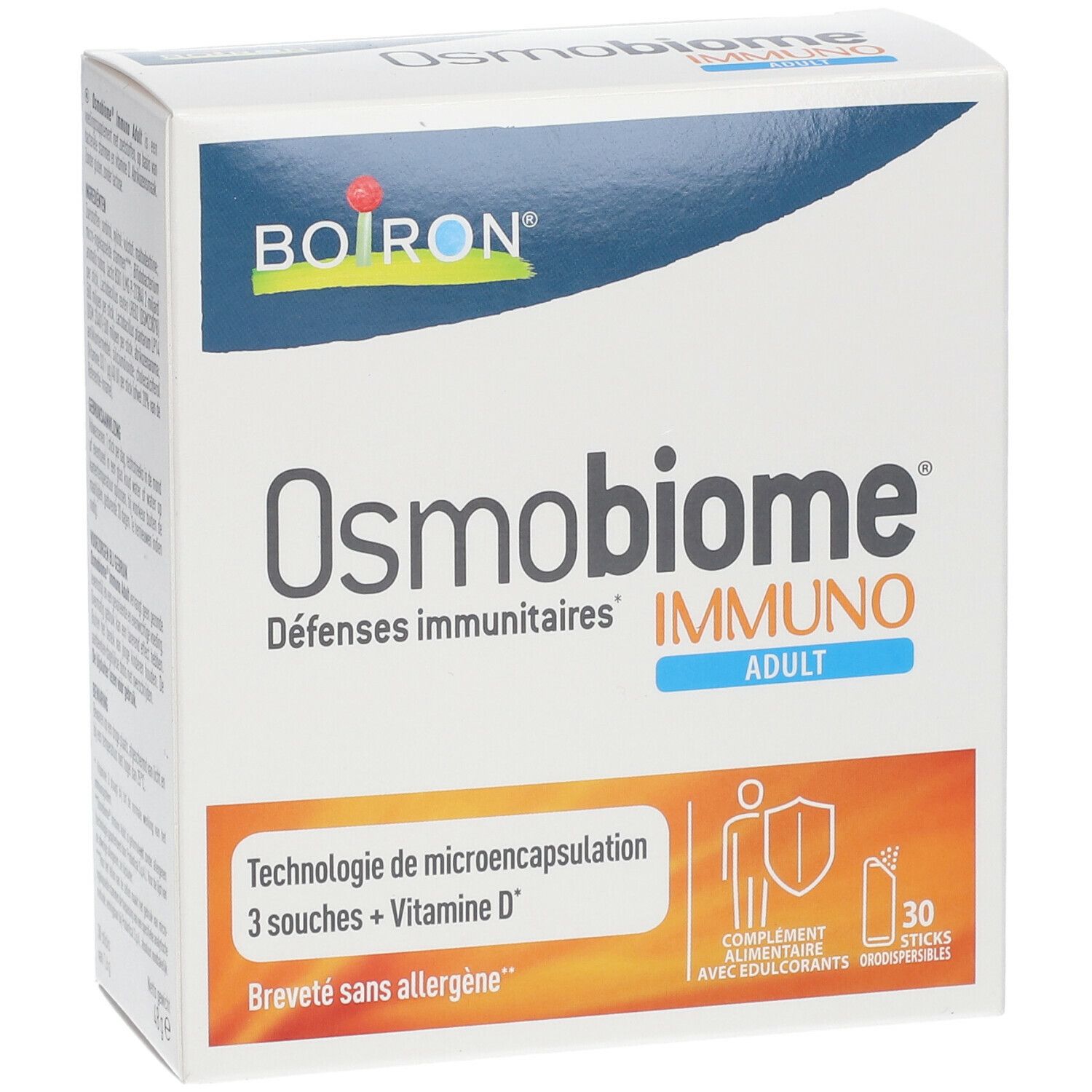 Witte doos Osmobiome Immuno Adult. Boiron-logo. 30 sticks. Tekst: Défenses immunitaires, Technologie de microencapsulation, Breveté sans allergène.