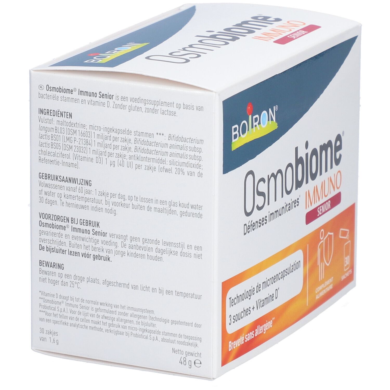 Doos Osmobiome Immuno Senior. Bevat 30 zakjes. Merk BOIRON.