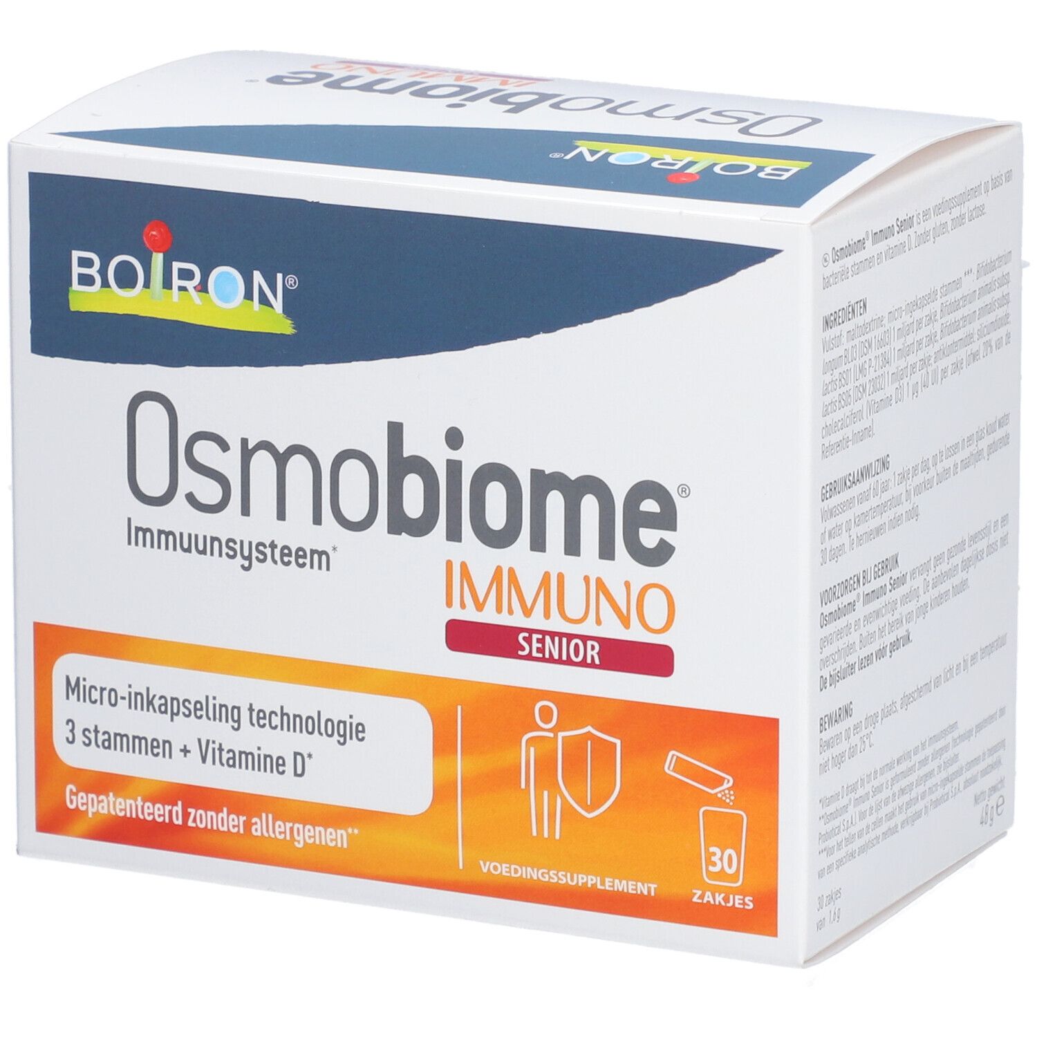 Doos Osmobiome Immuno Senior. Bevat 30 zakjes. Merk BOIRON.